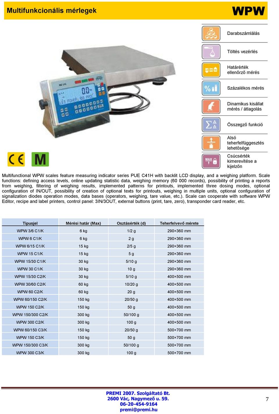 Scale functions: defining access levels, online updating statistic data, weighing memory (60 000 records), possibility of printing a reports from weighing, filtering of weighing results, implemented