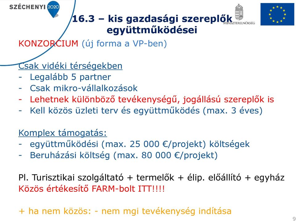 3 éves) Komplex támogatás: - együttműködési (max. 25 000 /projekt) költségek - Beruházási költség (max. 80 000 /projekt) Pl.