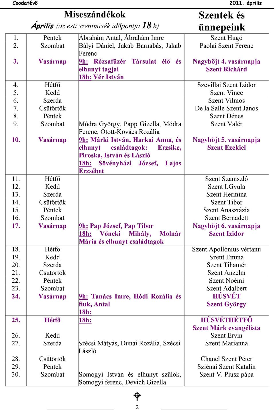Csütörtök Péntek Szombat Ábrahám Antal, Ábrahám Imre Bályi Dániel, Jakab Barnabás, Jakab Ferenc 9h: Rózsafüzér Társulat élő és elhunyt tagjai 18h: Vér István Módra György, Papp Gizella, Módra Ferenc,