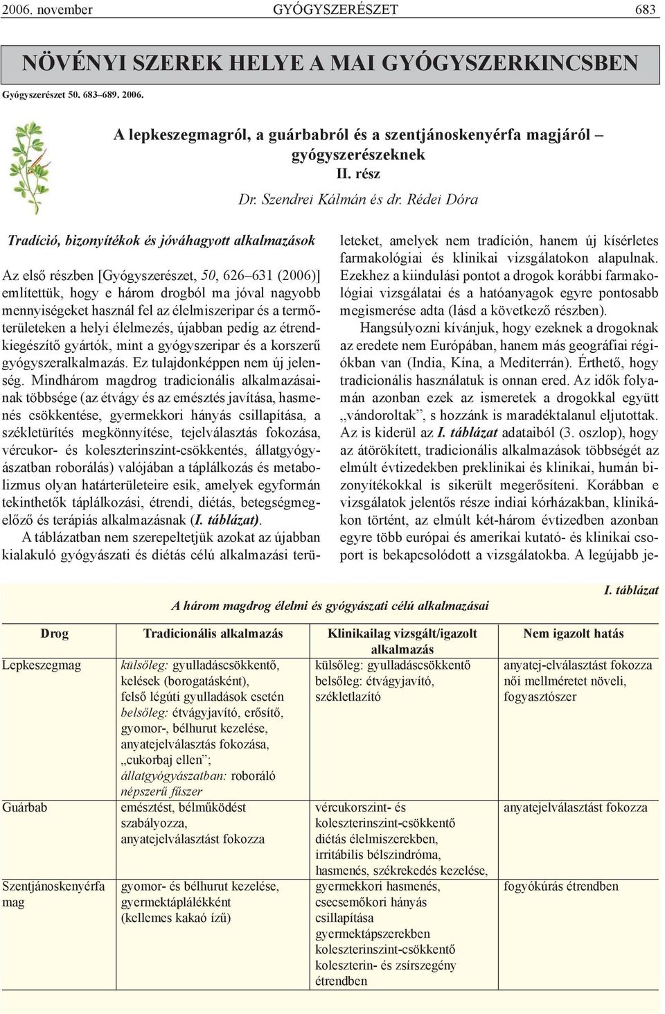 Rédei Dóra Tradíció, bizonyítékok és jóváhagyott alkalmazások Az elsõ részben [Gyógyszerészet, 50, 626 631 (2006)] említettük, hogy e három drogból ma jóval nagyobb mennyiségeket használ fel az