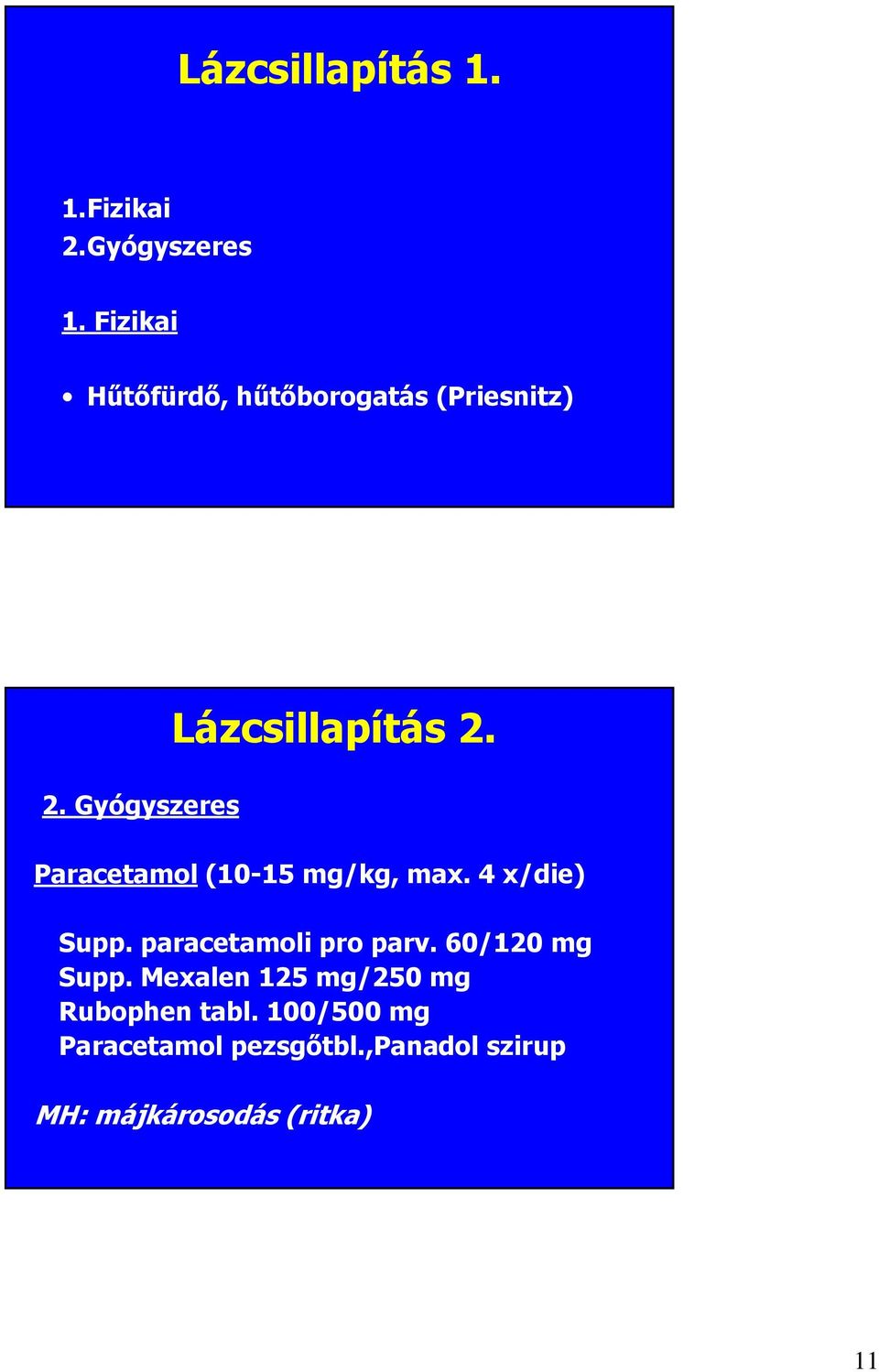 2. Gyógyszeres Paracetamol (10-15 mg/kg, max. 4 x/die) Supp.