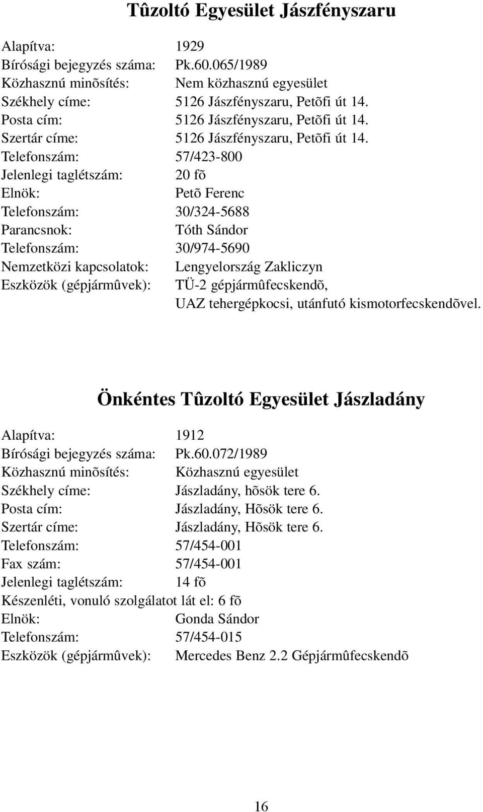 Telefonszám: 57/423-800 Jelenlegi taglétszám: 20 fõ Petõ Ferenc Telefonszám: 30/324-5688 Tóth Sándor Telefonszám: 30/974-5690 Nemzetközi kapcsolatok: Lengyelország Zakliczyn Eszközök (gépjármûvek):