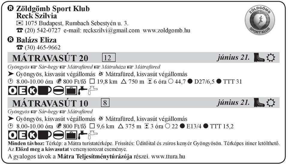 00 óra N 800 Ft/fő 4 19,8 km 6 750 m L 6 óra M 44,7 8 D27/6,5 8 TTT 31 bcehiptu MÁTRAVASÚT 10 8 június 21.