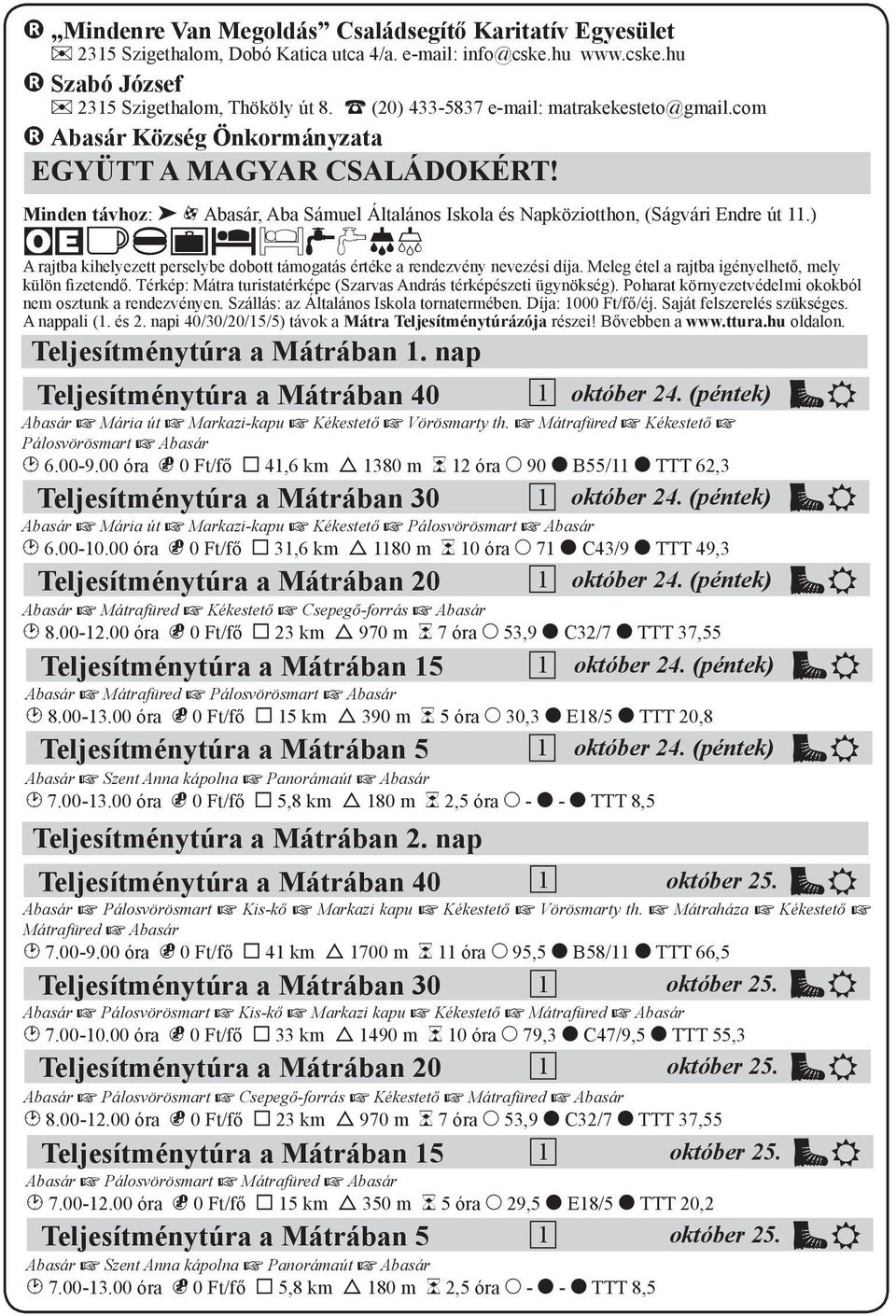 Minden távhoz: 2 O Abasár, Aba Sámuel Általános Iskola és Napköziotthon, (Ságvári Endre út 11.) bcvipqrtuuv A rajtba kihelyezett perselybe dobott támogatás értéke a rendezvény nevezési díja.