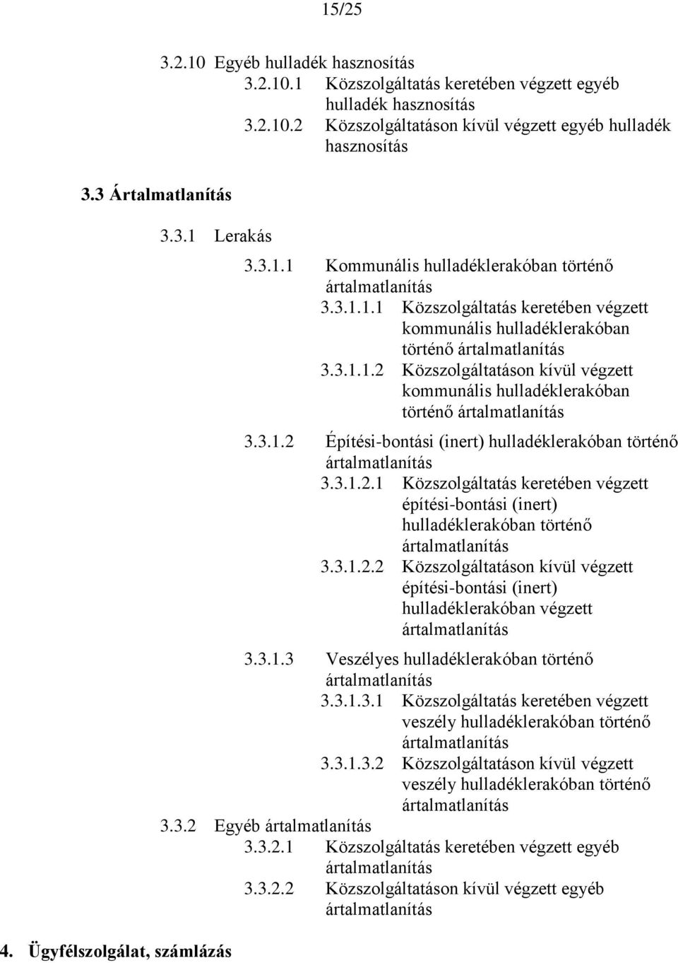 3.1.1.2 Közszolgáltatáson kívül végzett kommunális hulladéklerakóban történő ártalmatlanítás 3.3.1.2 Építési-bontási (inert) hulladéklerakóban történő ártalmatlanítás 3.3.1.2.1 Közszolgáltatás keretében végzett építési-bontási (inert) hulladéklerakóban történő ártalmatlanítás 3.