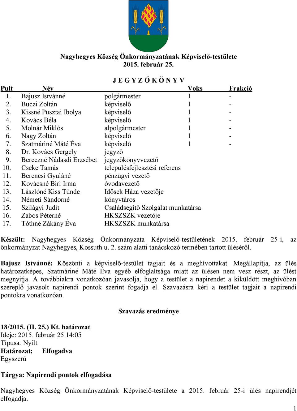 Bereczné Nádasdi Erzsébet jegyzőkönyvvezető 10. Cseke Tamás településfejlesztési referens 11. Berencsi Gyuláné pénzügyi vezető 12. Kovácsné Biri Irma óvodavezető 13.