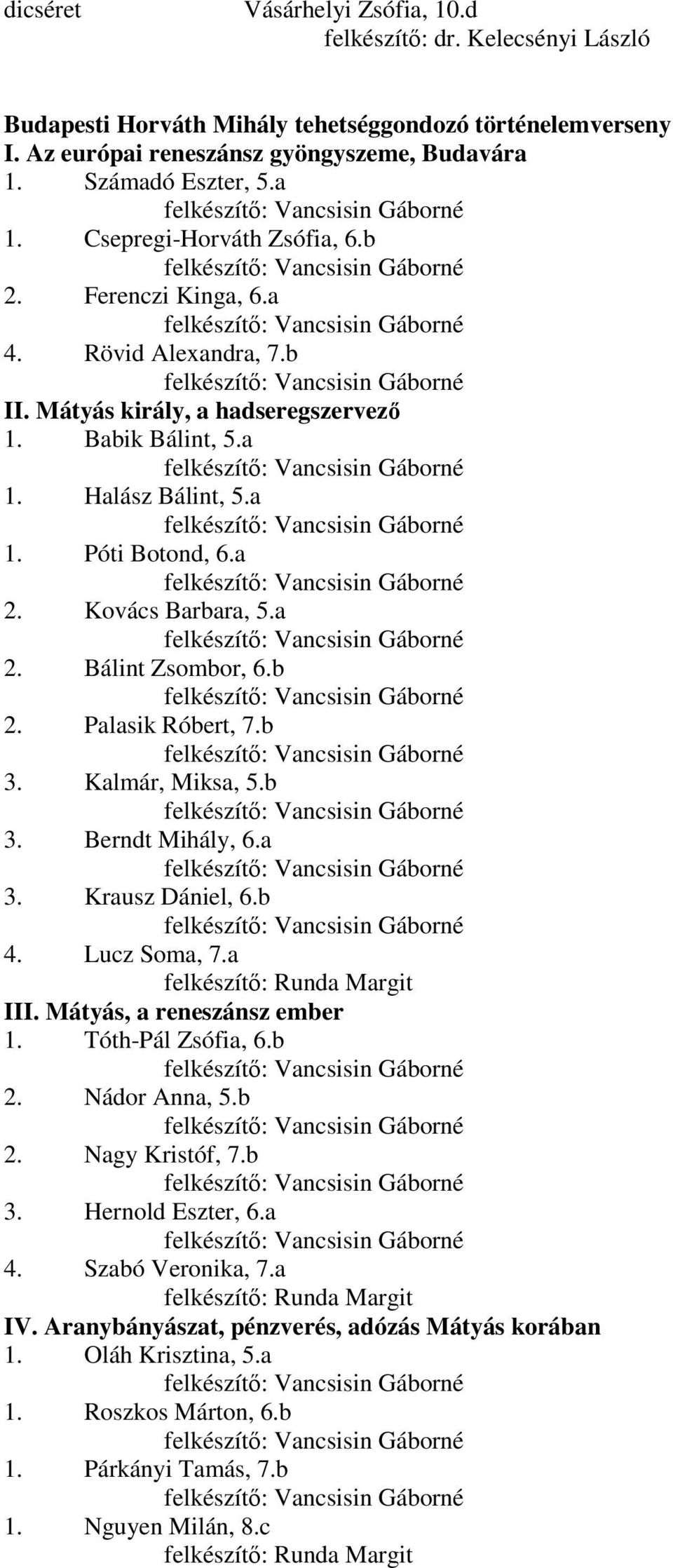 a 2. Kovács Barbara, 5.a 2. Bálint Zsombor, 6.b 2. Palasik Róbert, 7.b 3. Kalmár, Miksa, 5.b 3. Berndt Mihály, 6.a 3. Krausz Dániel, 6.b 4. Lucz Soma, 7.a felkészítı: Runda Margit III.