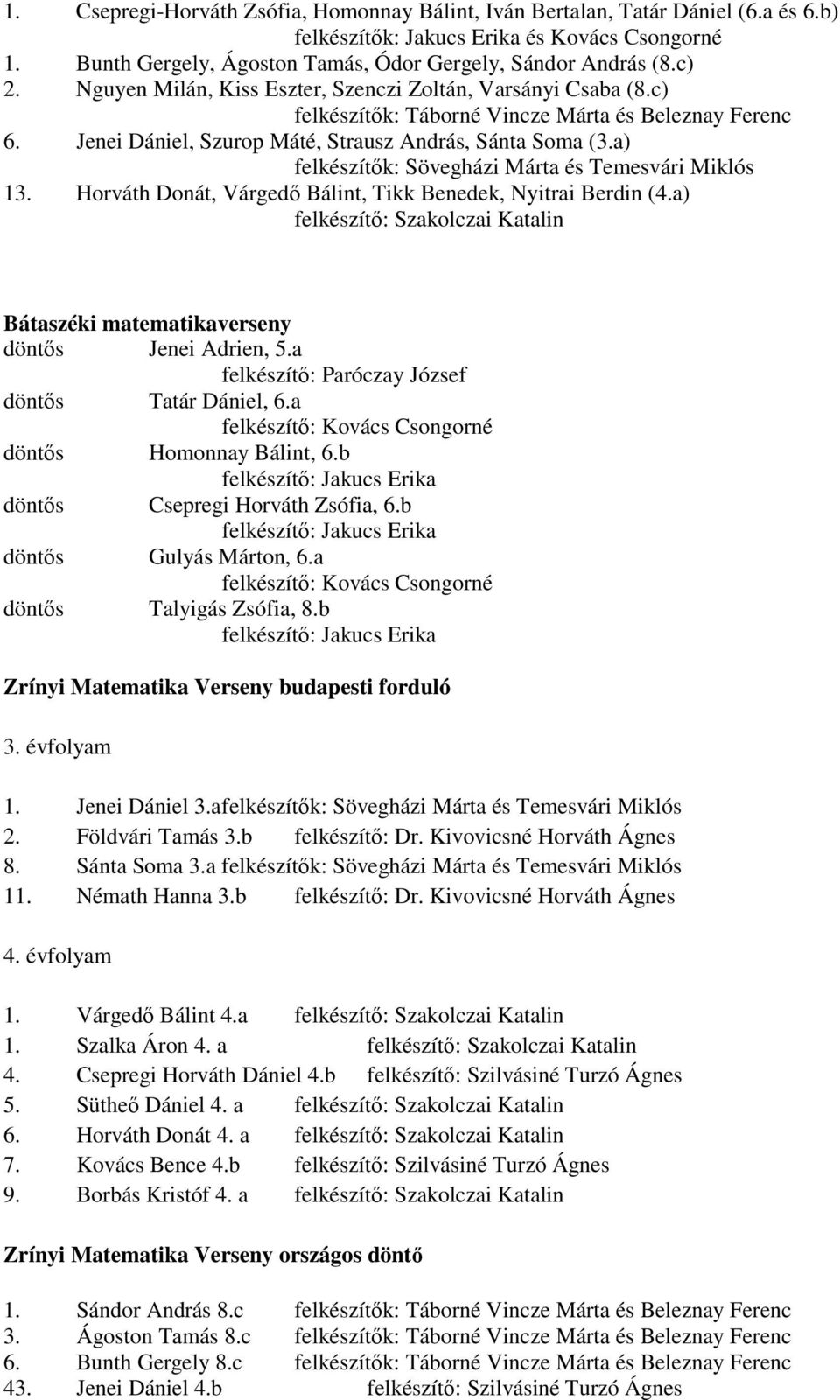 a) felkészítık: Sövegházi Márta és Temesvári Miklós 13. Horváth Donát, Várgedı Bálint, Tikk Benedek, Nyitrai Berdin (4.