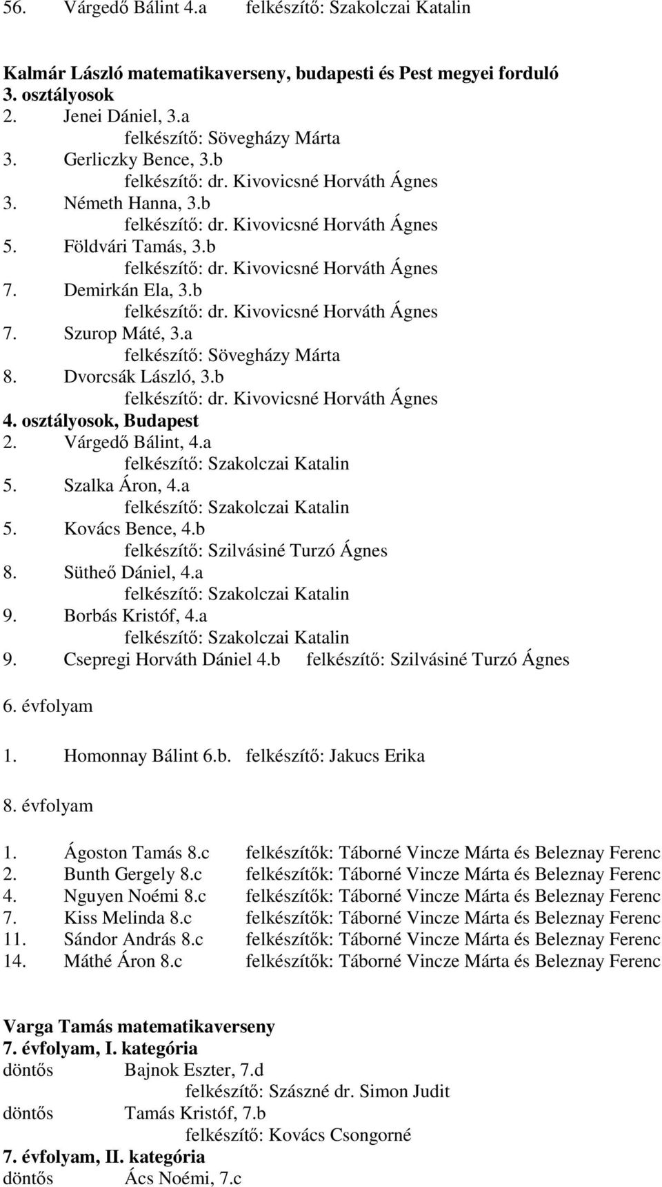 Demirkán Ela, 3.b felkészítı: dr. Kivovicsné Horváth Ágnes 7. Szurop Máté, 3.a felkészítı: Sövegházy Márta 8. Dvorcsák László, 3.b felkészítı: dr. Kivovicsné Horváth Ágnes 4. osztályosok, Budapest 2.