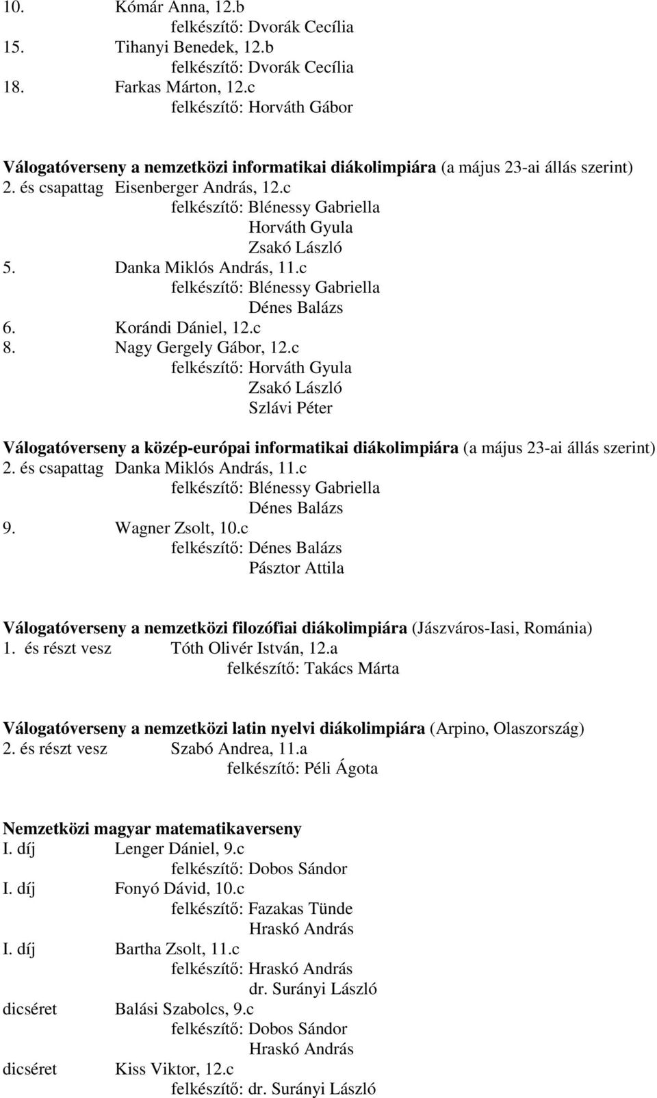 Danka Miklós András, 11.c felkészítı: Blénessy Gabriella Dénes Balázs 6. Korándi Dániel, 12.c 8. Nagy Gergely Gábor, 12.