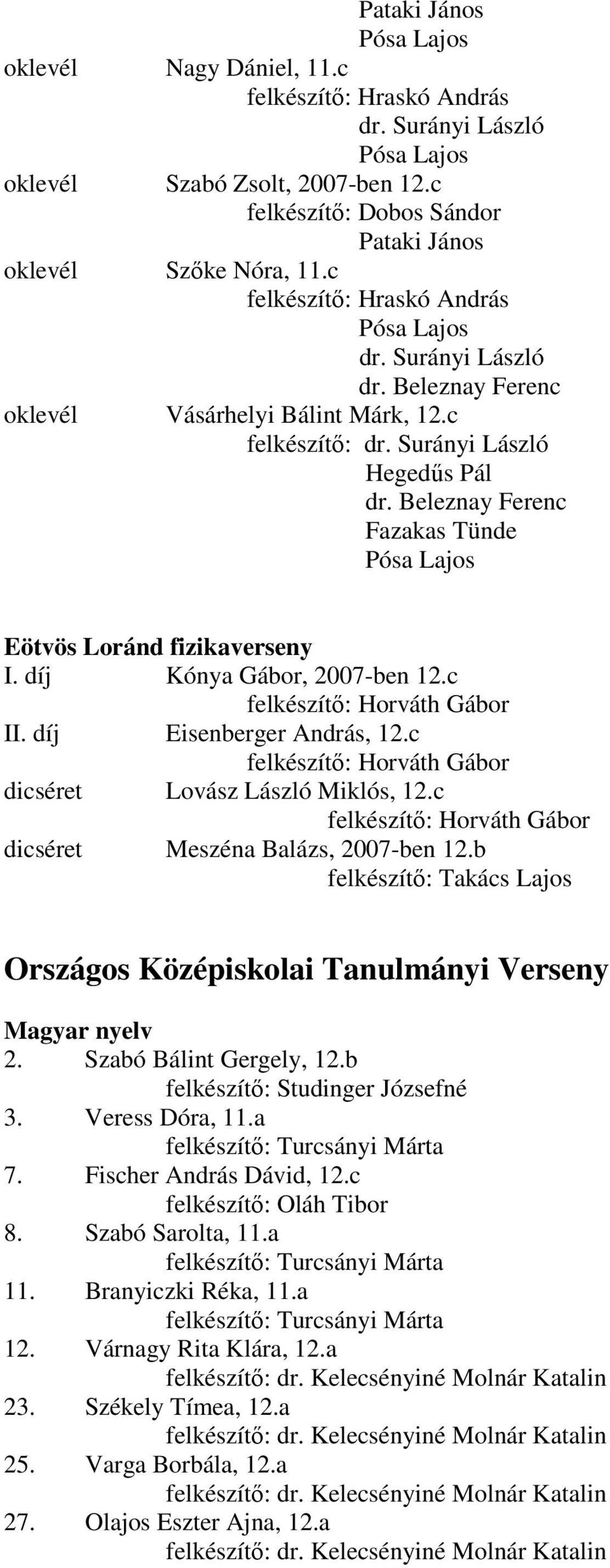 b felkészítı: Takács Lajos Országos Középiskolai Tanulmányi Verseny Magyar nyelv 2. Szabó Bálint Gergely, 12.b felkészítı: Studinger Józsefné 3. Veress Dóra, 11.a felkészítı: Turcsányi Márta 7.