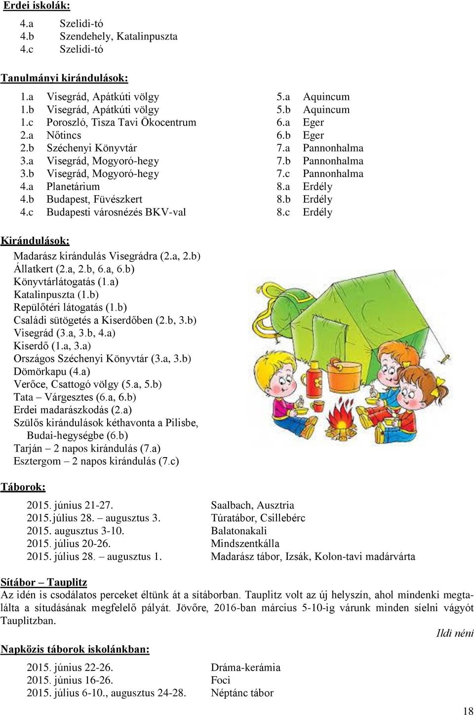 a Planetárium 8.a Erdély 4.b Budapest, Füvészkert 8.b Erdély 4.c Budapesti városnézés BKV-val 8.c Erdély Kirándulások: Madarász kirándulás Visegrádra (2.a, 2.b) Állatkert (2.a, 2.b, 6.a, 6.