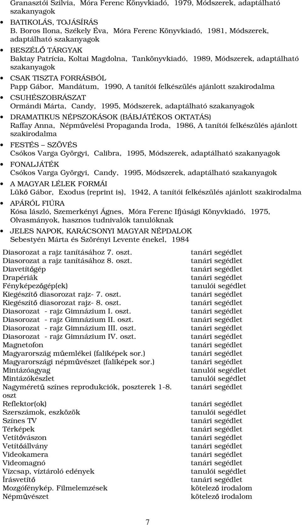 CSAK TISZTA FORRÁSBÓL Papp Gábor, Mandátum, 1990, A tanítói felkészülés ajánlott szakirodalma CSUHÉSZOBRÁSZAT Ormándi Márta, Candy, 1995, Módszerek, adaptálható szakanyagok DRAMATIKUS NÉPSZOKÁSOK