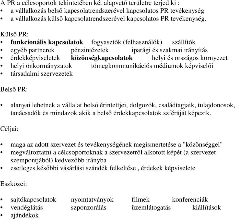 Külső PR: funkcionális kapcsolatok fogyasztók (felhasználók) szállítók egyéb partnerek pénzintézetek iparági és szakmai irányítás érdekképviseletek közönségkapcsolatok helyi és országos környezet