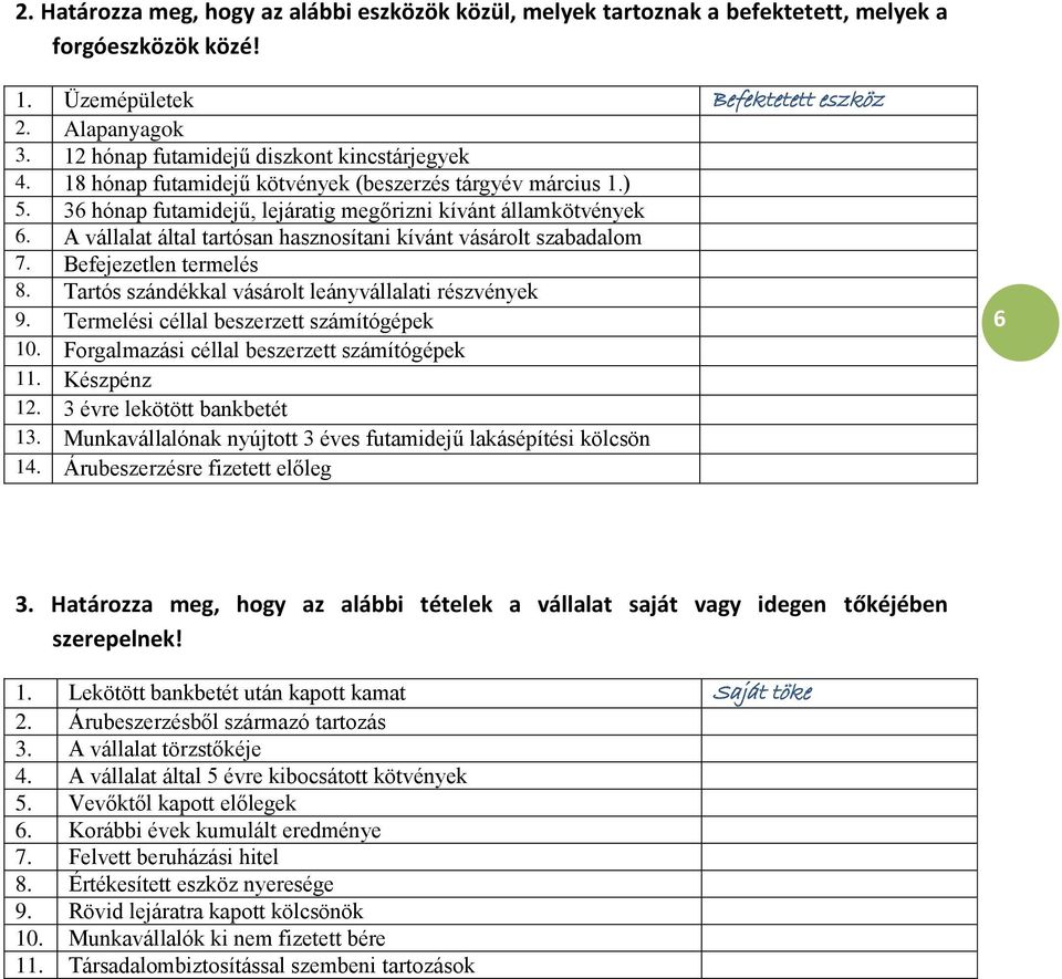 A vállalat által tartósan hasznosítani kívánt vásárolt szabadalom 7. Befejezetlen termelés 8. Tartós szándékkal vásárolt leányvállalati részvények 9. Termelési céllal beszerzett számítógépek 10.