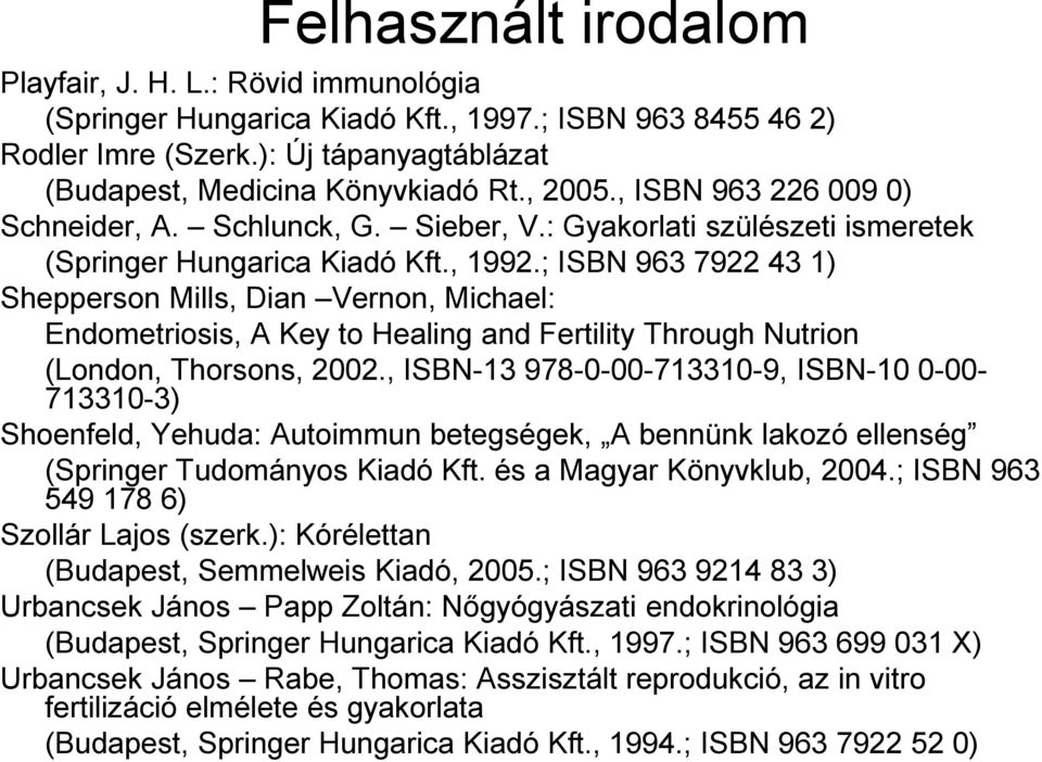 ; ISBN 963 7922 43 1) Shepperson Mills, Dian Vernon, Michael: Endometriosis, A Key to Healing and Fertility Through Nutrion (London, Thorsons, 2002.