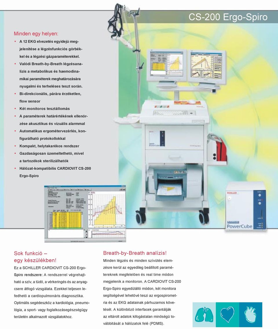 Bi-direkcionális, párára érzéketlen, flow sensor Két monitoros tesztállomás A paraméterek határértékének ellenörzése akusztikus és vizuális alarmmal Automatikus ergométervezérlés, konfigurálható