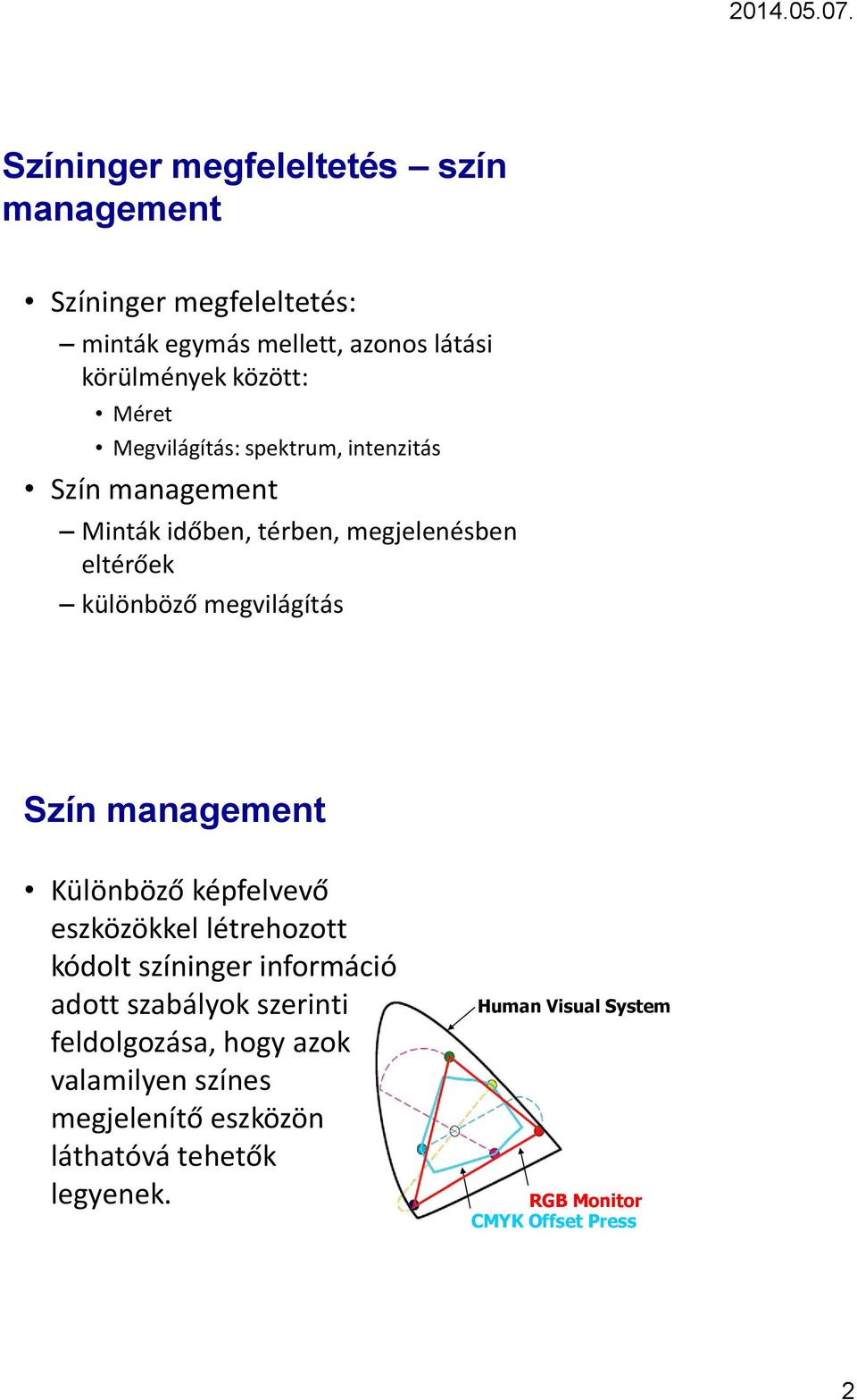 Szín management Különböző képfelvevő eszközökkel létrehozott kódolt színinger információ adott szabályok szerinti