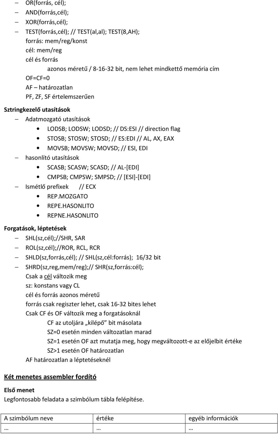 AX, EAX MOVSB; MOVSW; MOVSD; // ESI, EDI hasonlító utasítások SCASB; SCASW; SCASD; // AL-[EDI] CMPSB; CMPSW; SMPSD; // [ESI]-[EDI] Ismétlő prefixek // ECX REP.MOZGATO REPE.