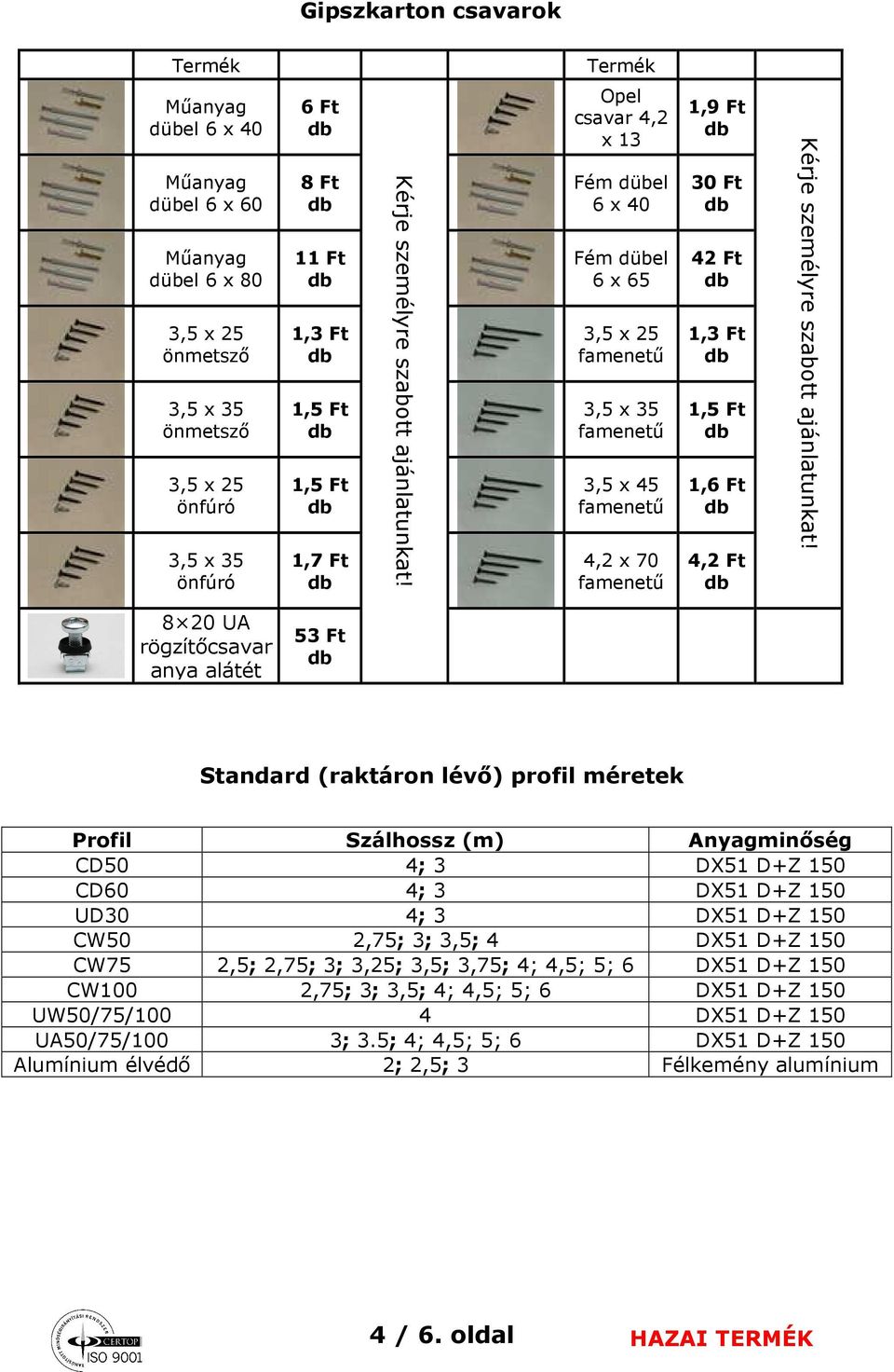 lévő) profil mére Szálhossz (m) Anyagminőség CD50 4; 3 DX51 D+Z 150 CD60 4; 3 DX51 D+Z 150 UD30 4; 3 DX51 D+Z 150 CW50 2,75; 3; 3,5; 4 DX51 D+Z 150 CW75 2,5; 2,75; 3; 3,25; 3,5; 3,75; 4; 4,5; 5; 6