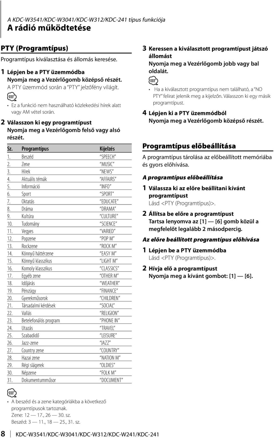 2 Válasszon ki egy programtípust Nyomja meg a Vezérlőgomb felső vagy alsó részét. Sz. Programtípus Kijelzés 1. Beszéd SPEECH 2. Zene MUSIC 3. Hírek NEWS 4. Aktuális témák AFFAIRS 5. Információ INFO 6.