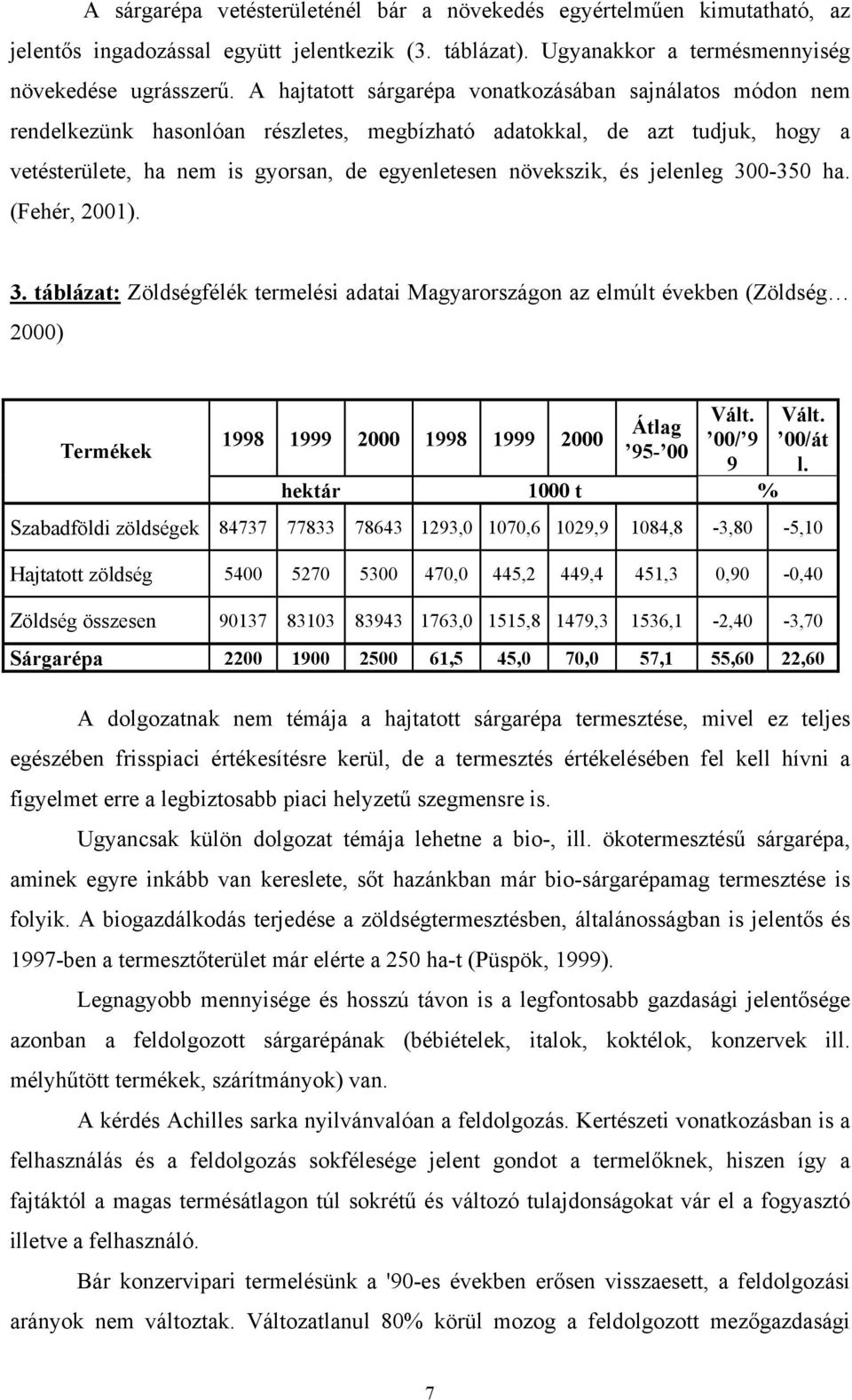 jelenleg 300-350 ha. (Fehér, 2001). 3. táblázat: Zöldségfélék termelési adatai Magyarországon az elmúlt években (Zöldség 2000) Termékek 1998 1999 2000 1998 1999 2000 Átlag 95-00 Vált.