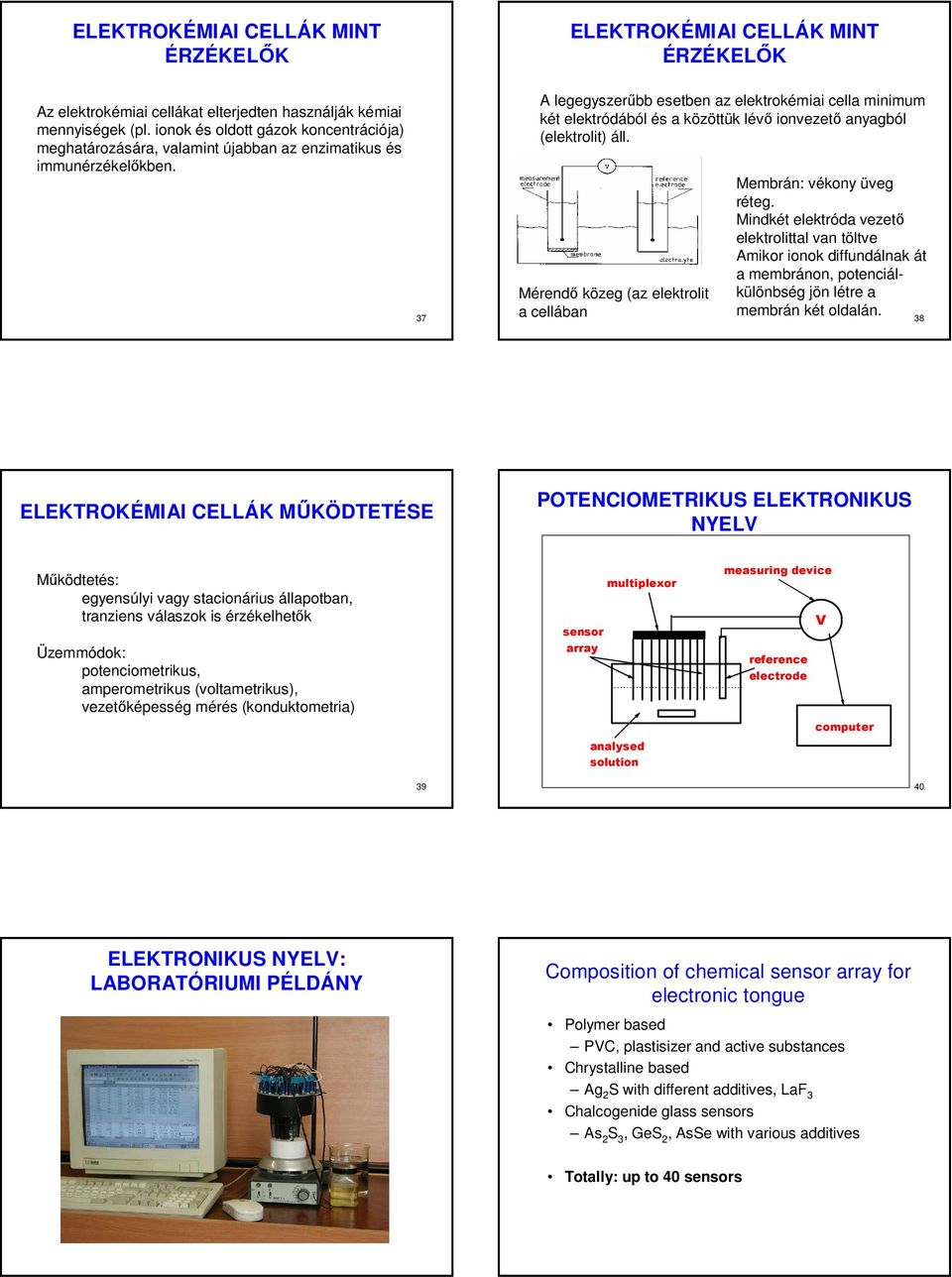 37 A legegyszerűbb esetben az elektrokémiai cella minimum két elektródából és a közöttük lévő ionvezető anyagból (elektrolit) áll. Mérendő közeg (az elektrolit a cellában Membrán: vékony üveg réteg.