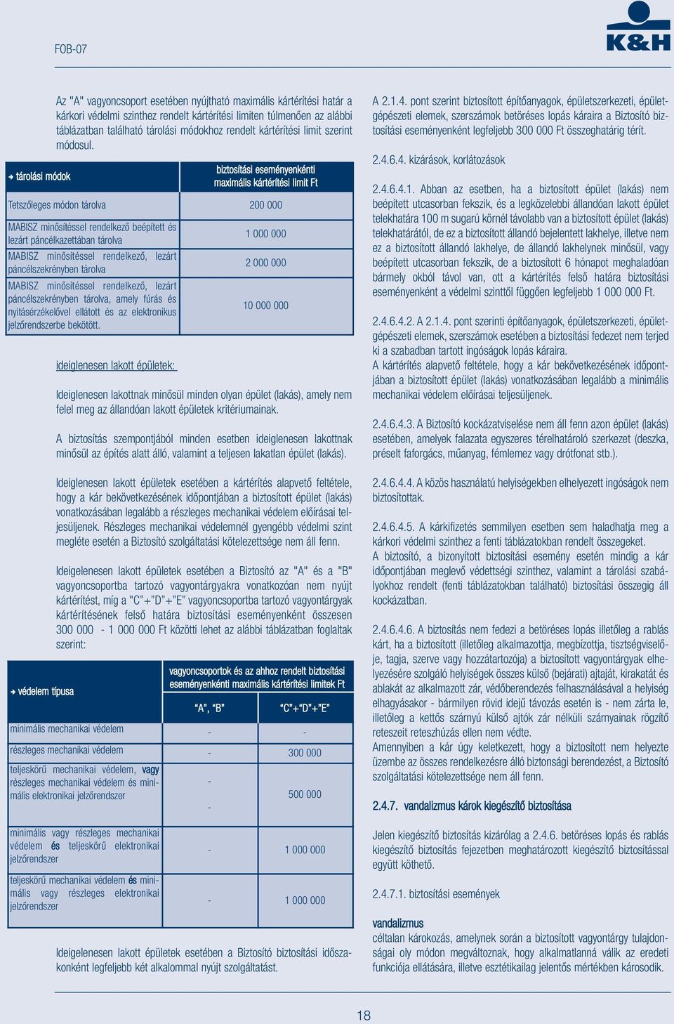 ideiglenesen lakott épületek: biztosítási eseményenkénti maximális kártérítési limit Ft Tetszőleges módon tárolva 200 000 MABISZ minősítéssel rendelkező beépített és lezárt páncélkazettában tárolva