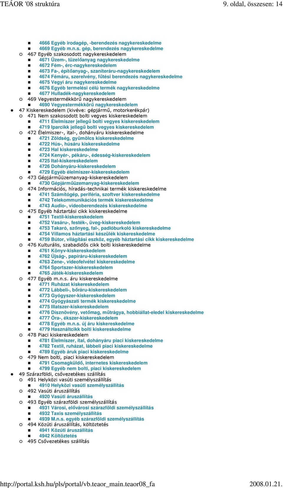 Fém-, érc-nagykereskedelem 4673 Fa-, építıanyag-, szaniteráru-nagykereskedelem 4674 Fémáru, szerelvény, főtési berendezés nagykereskedelme 4675 Vegyi áru nagykereskedelme 4676 Egyéb termelési célú