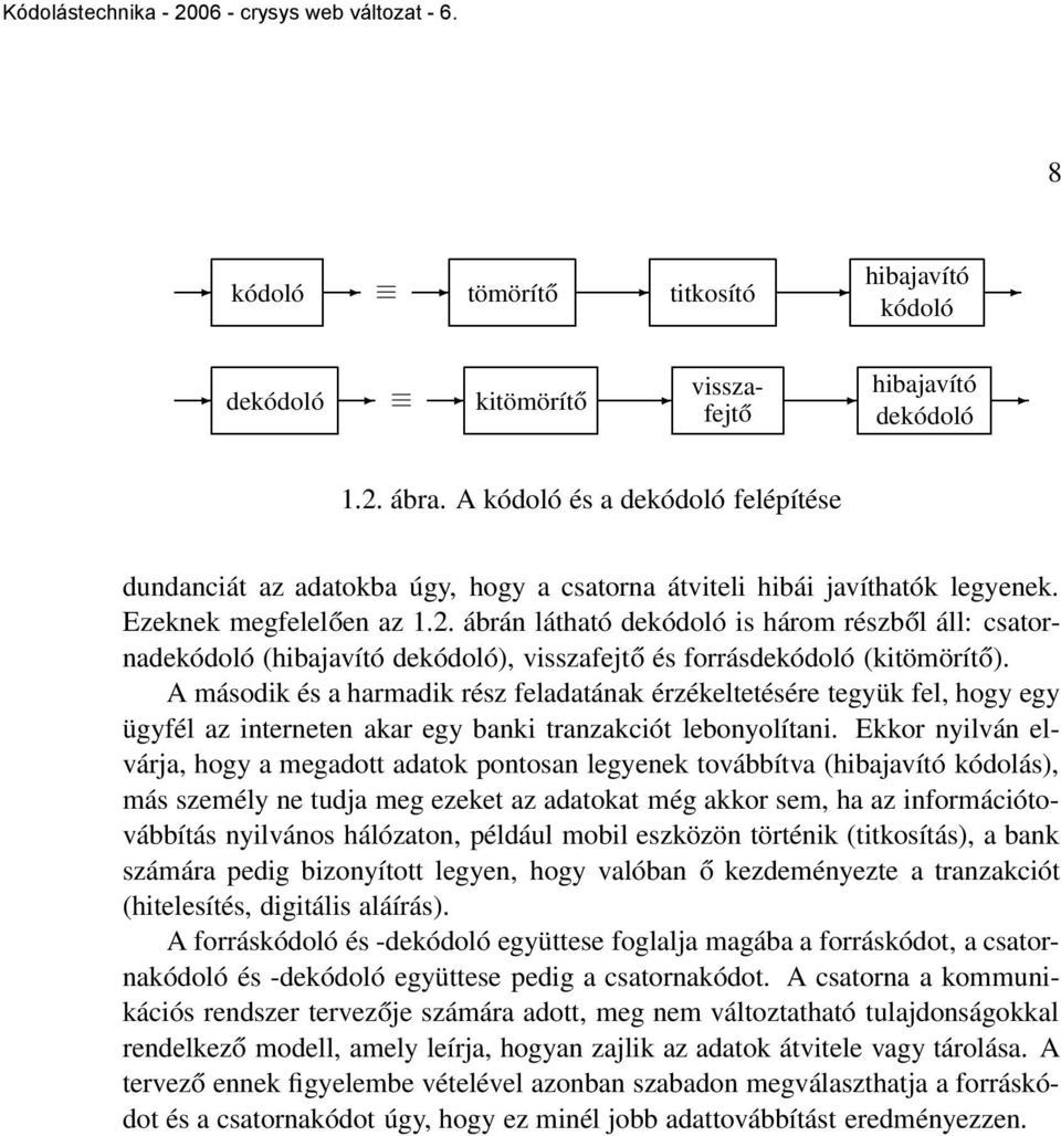 ábrán látható dekódoló is három részből áll: csatornadekódoló (hibajavító dekódoló), visszafejtő és forrásdekódoló (kitömörítő).