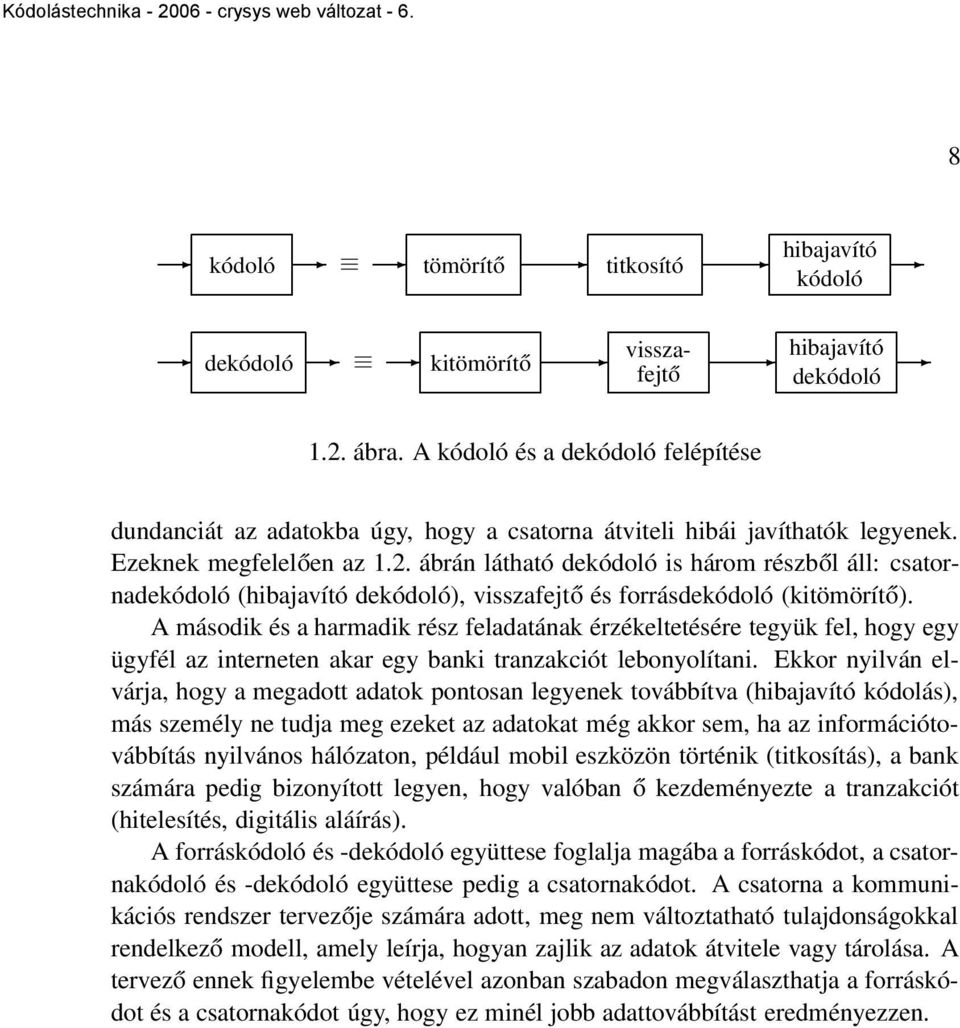 ábrán látható dekódoló is három részből áll: csatornadekódoló (hibajavító dekódoló), visszafejtő és forrásdekódoló (kitömörítő).