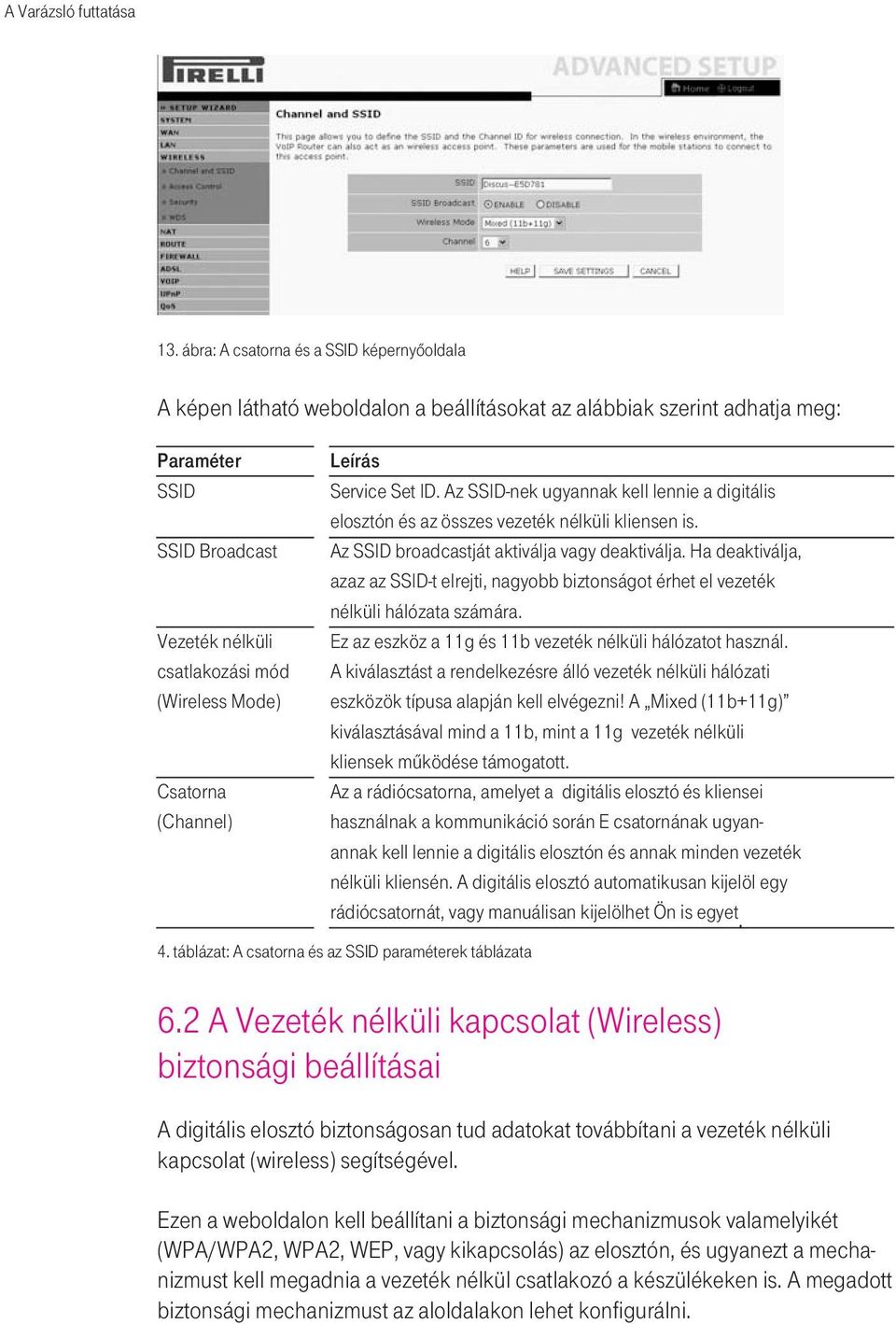 Csatorna (Channel) Leírás Service Set ID. Az SSID-nek ugyannak kell lennie a digitális elosztón és az összes vezeték nélküli kliensen is. Az SSID broadcastját aktiválja vagy deaktiválja.