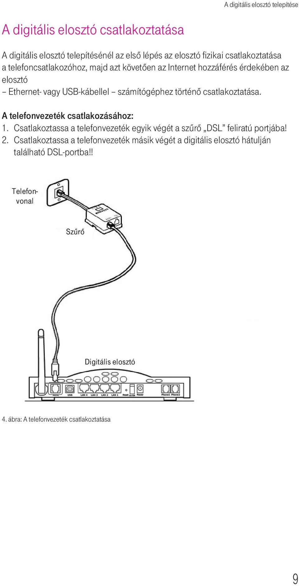 történô csatlakoztatása. A telefonvezeték csatlakozásához: 1. Csatlakoztassa a telefonvezeték egyik végét a szûrô DSL feliratú portjába! 2.