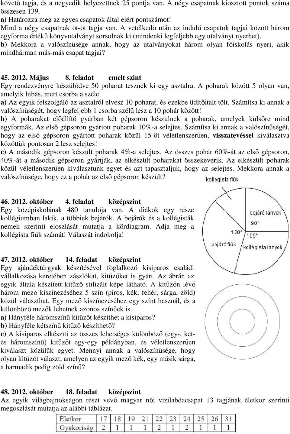 b) Mekkora a valószínűsége annak, hogy az utalványokat három olyan főiskolás nyeri, akik mindhárman más-más csapat tagjai? 45. 2012. Május 8.