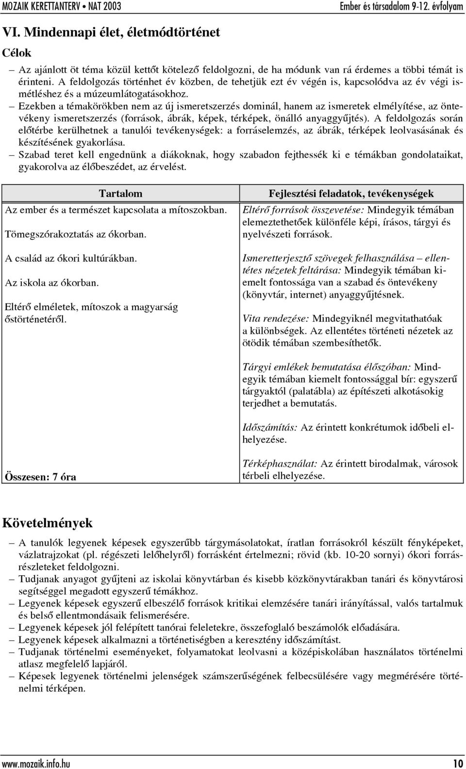 Ezekben a témakörökben nem az új ismeretszerzés dominál, hanem az ismeretek elmélyítése, az öntevékeny ismeretszerzés (források, ábrák, képek, térképek, önálló anyaggyûjtés).