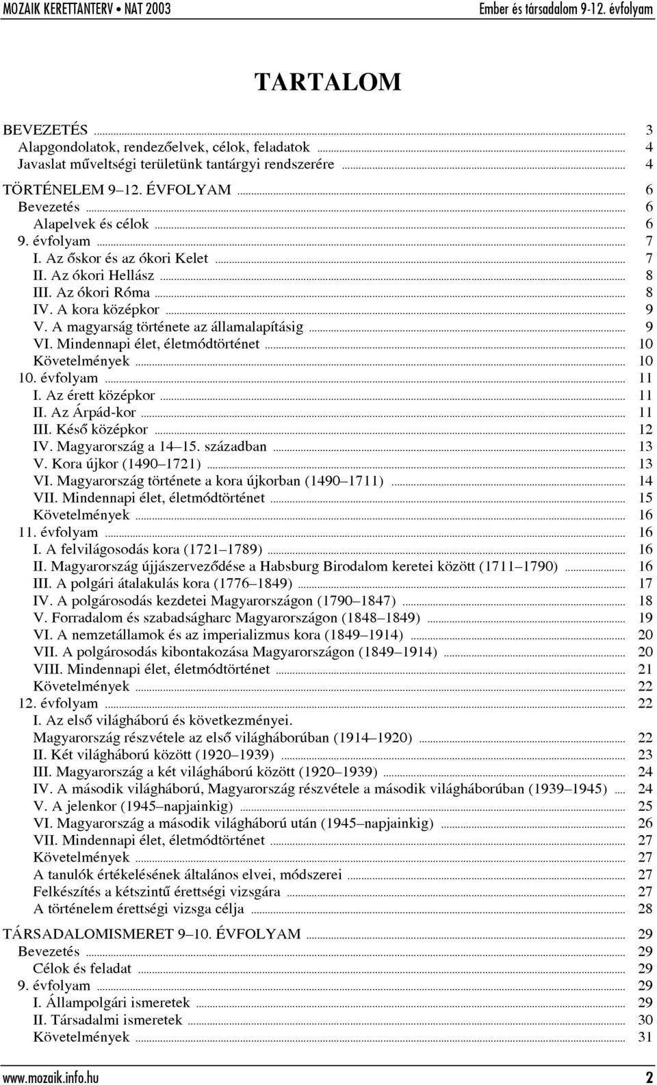 Mindennapi élet, életmódtörténet... 10 Követelmények... 10 10. évfolyam... 11 I. Az érett középkor... 11 II. Az Árpád-kor... 11 III. Késõ középkor... 12 IV. Magyarország a 14 15. században... 13 V.