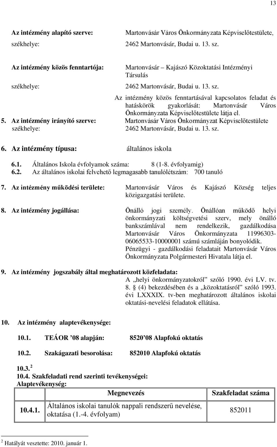 Az intézmény irányító szerve: Martonvásár Város Önkormányzat Képviselőtestülete székhelye: 2462 Martonvásár, Budai u. 13. sz. 6. Az intézmény típusa: általános iskola 6.1. Általános Iskola évfolyamok száma: 8 (1-8.