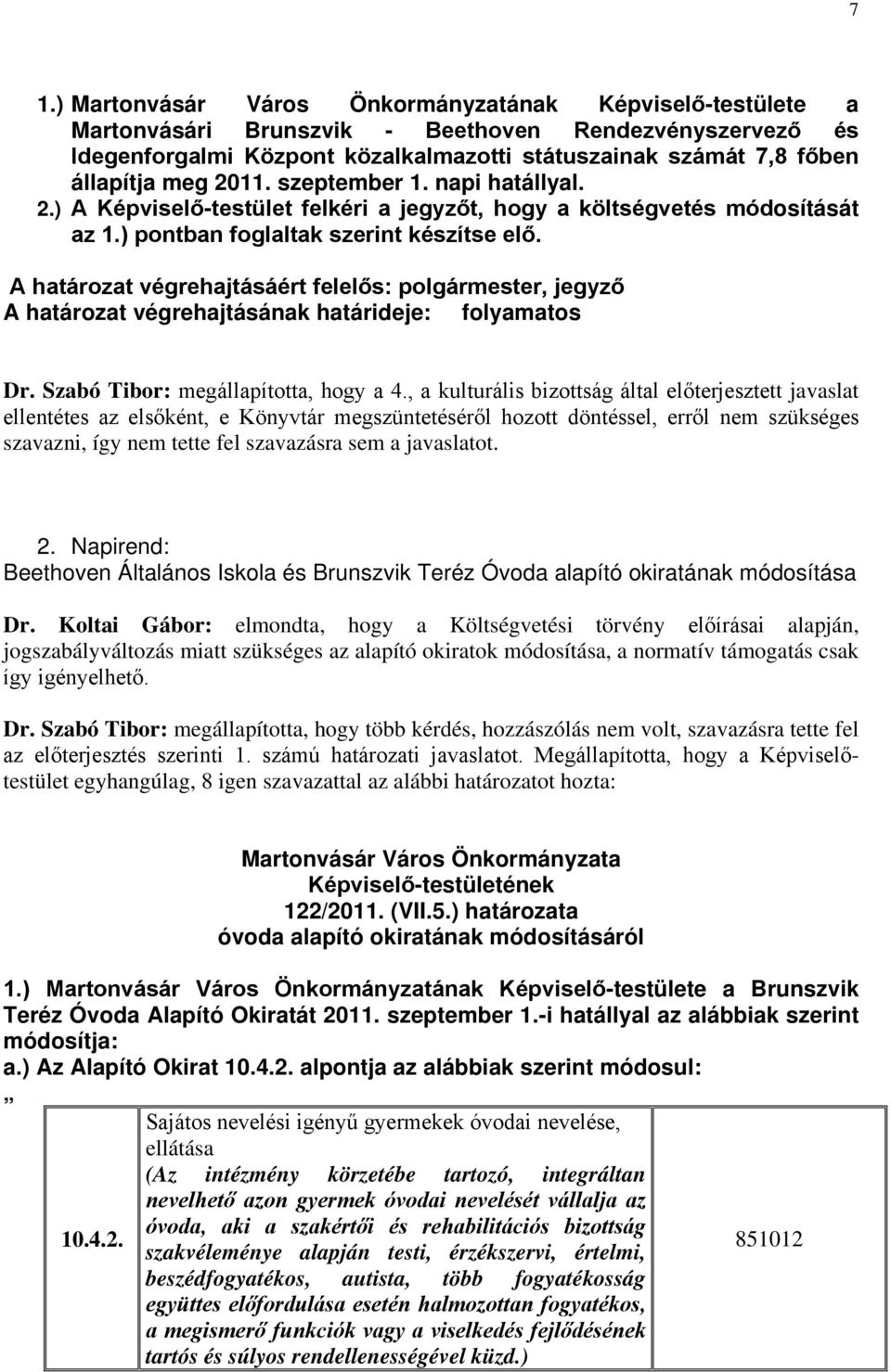 A határozat végrehajtásáért felelős: polgármester, jegyző A határozat végrehajtásának határideje: folyamatos Dr. Szabó Tibor: megállapította, hogy a 4.