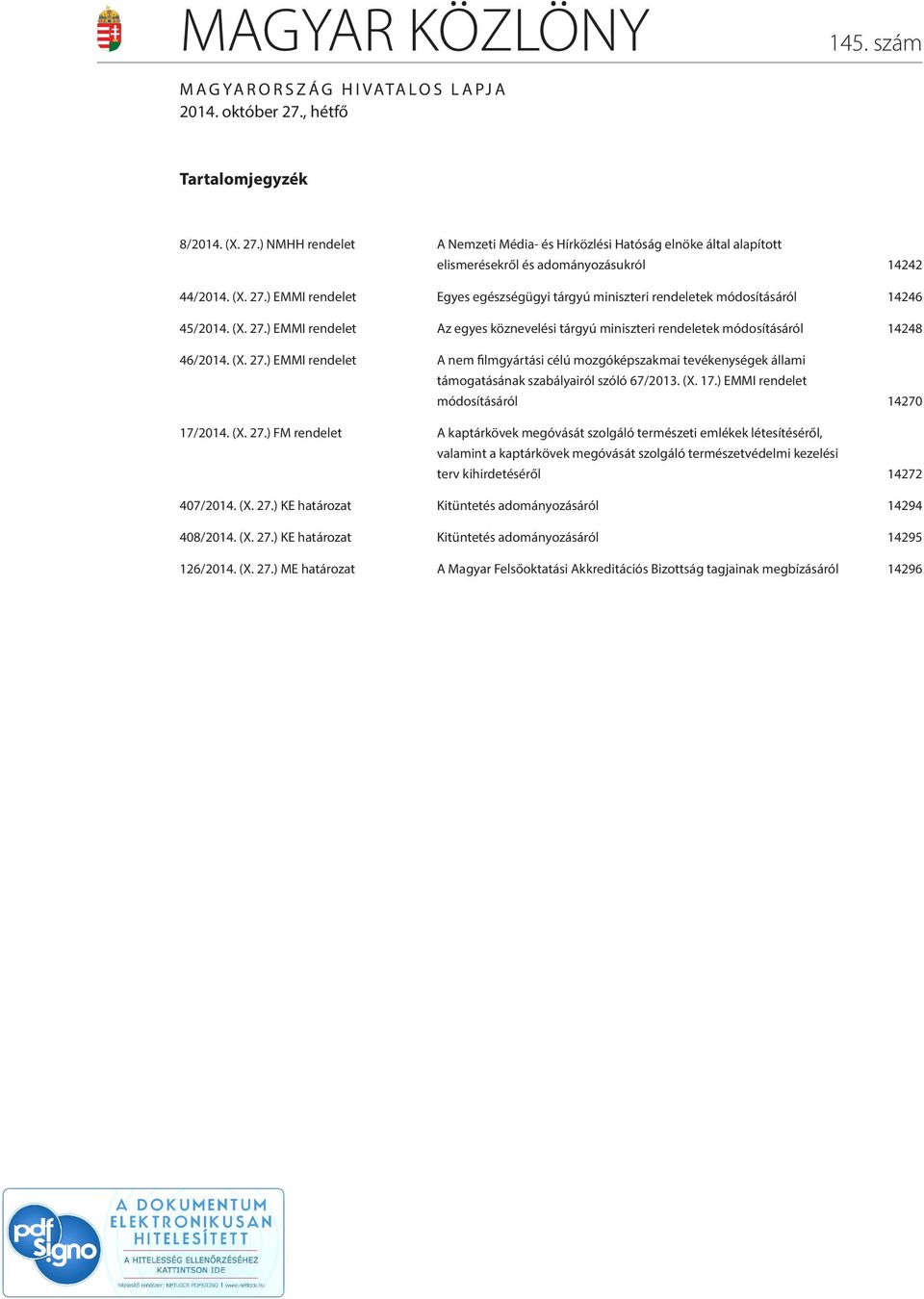 (X. 27.) EMMI rendelet A nem filmgyártási célú mozgóképszakmai tevékenységek állami támogatásának szabályairól szóló 67/2013. (X. 17.) EMMI rendelet módosításáról 14270 17/2014. (X. 27.) FM rendelet A kaptárkövek megóvását szolgáló természeti ek létesítéséről, valamint a kaptárkövek megóvását szolgáló természetvédelmi kezelési terv kihirdetéséről 14272 407/2014.