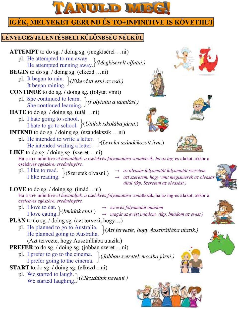 She continued learning. HATE to do sg. / doing sg. (utál ni) pl. I hate going to school. I hate to go to school. INTEND to do sg. / doing sg. (szándékszik ni) pl. He intended to write a letter.