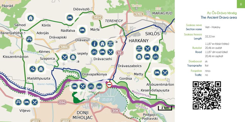 20,46 km aszfalt 11,87 dirt road (dike) 20,46 km asphalt Domborzat Topography sík flat Traffic no Egyházasharaszti Forgalom nincs Matty Dr Szakasz hossza Length 58 Drávacsehi Tésenfa Cún SIKLÓS