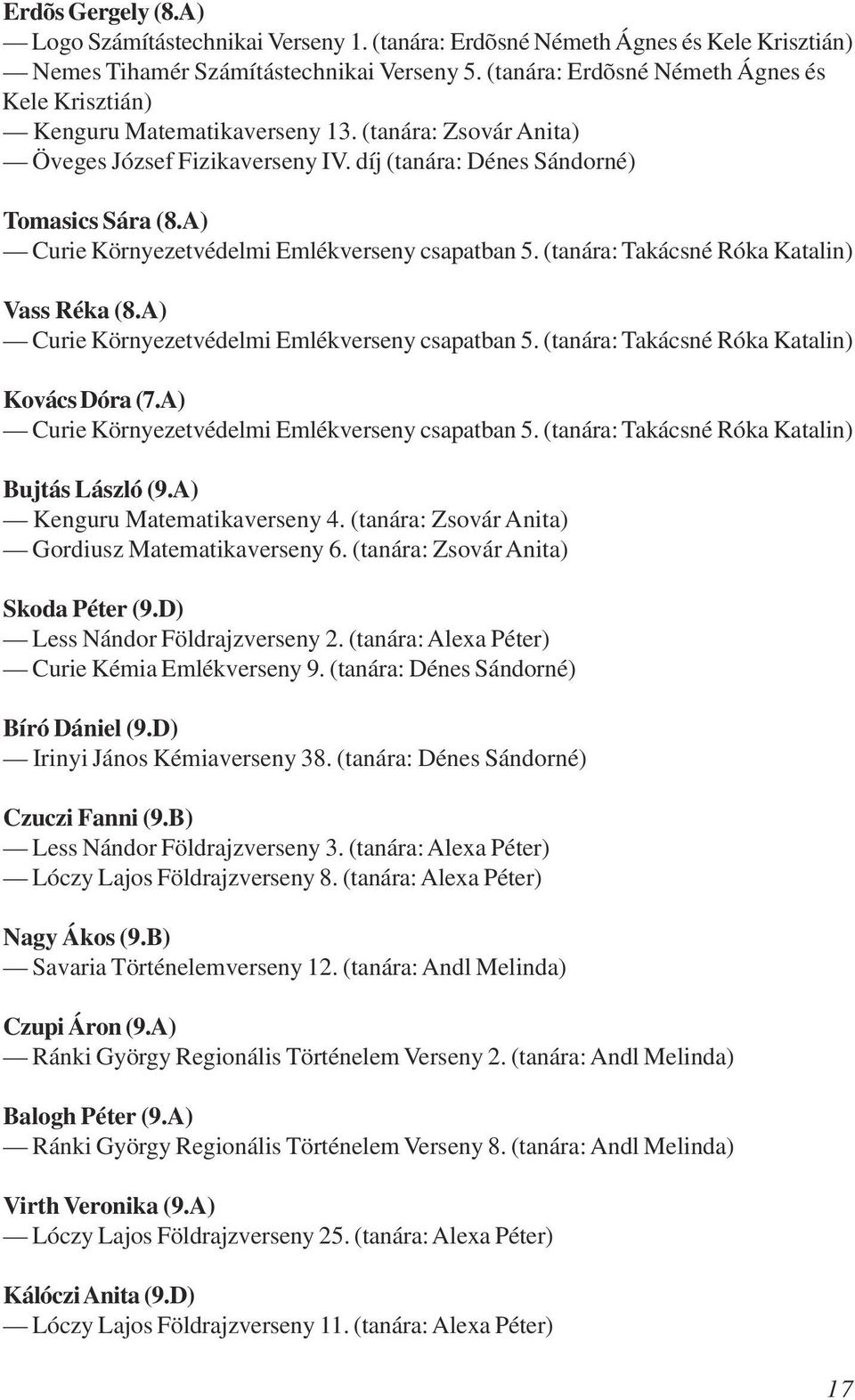 A) Curie Környezetvédelmi Emlékverseny csapatban 5. (tanára: Takácsné Róka Katalin) Vass Réka (8.A) Curie Környezetvédelmi Emlékverseny csapatban 5. (tanára: Takácsné Róka Katalin) Kovács Dóra (7.