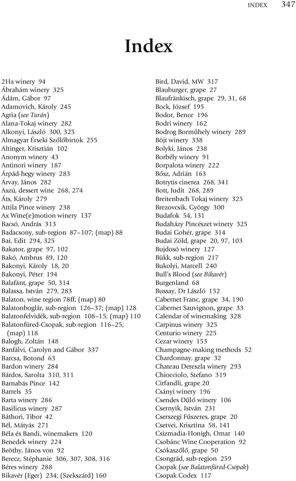 313 Badacsony, sub-region 87 107; (map) 88 Bai, Edit 294, 325 Bakator, grape 97, 102 Bakó, Ambrus 89, 120 Bakonyi, Károly 18, 20 Bakonyi, Péter 194 Balafánt, grape 50, 314 Balassa, István 279, 283