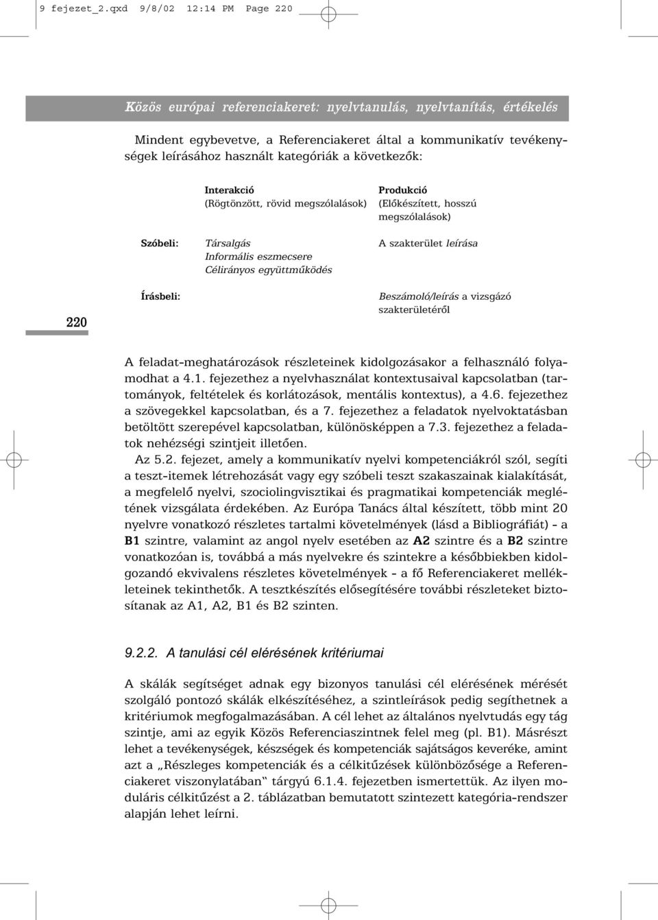 kategóriák a következõk: Szóbeli: Interakció (Rögtönzött, rövid megszólalások) Társalgás Informális eszmecsere Célirányos együttmûködés Produkció (Elõkészített, hosszú megszólalások) A szakterület