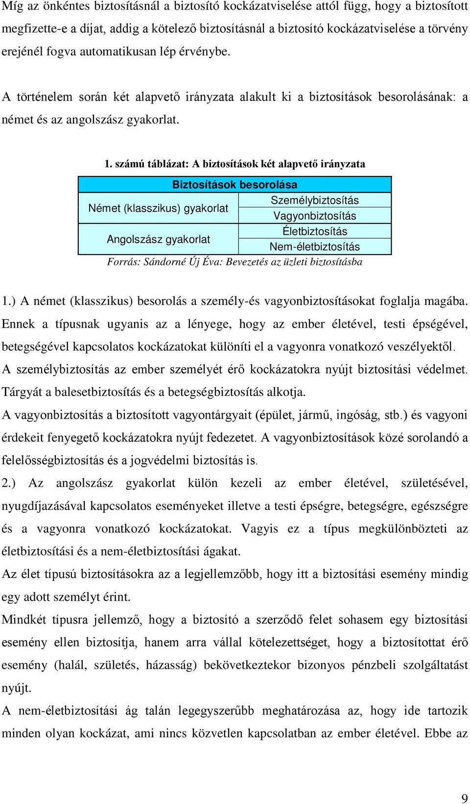 számú táblázat: A biztosítások két alapvető irányzata Biztosítások besorolása Személybiztosítás Német (klasszikus) gyakorlat Vagyonbiztosítás Életbiztosítás Angolszász gyakorlat Nem-életbiztosítás