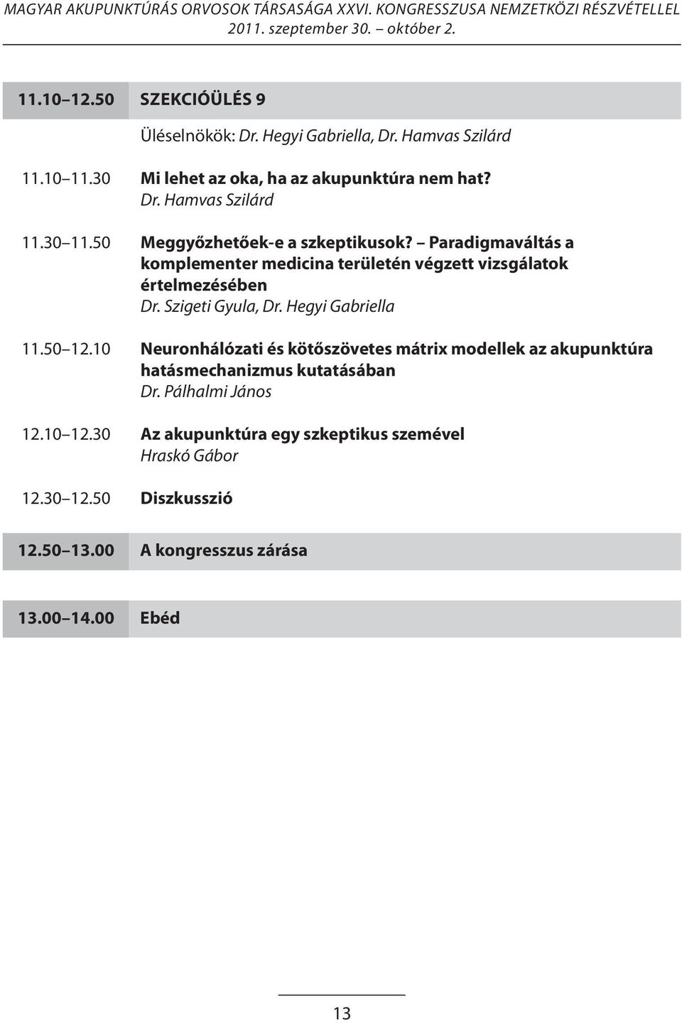 Hegyi Gabriella 11.50 12.10 Neuronhálózati és kötőszövetes mátrix modellek az akupunktúra hatásmechanizmus kutatásában Dr. Pálhalmi János 12.