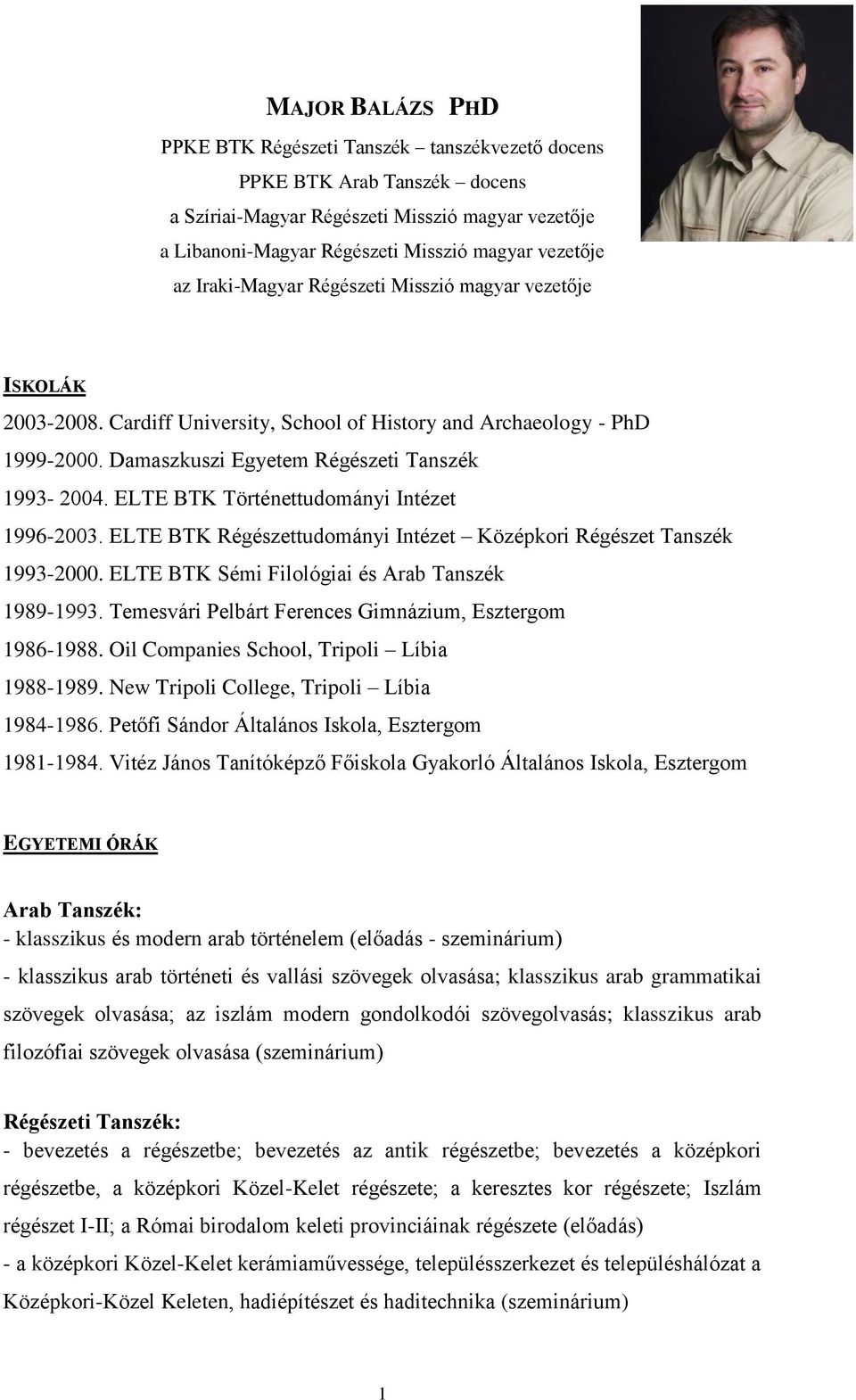 ELTE BTK Történettudományi Intézet 1996-2003. ELTE BTK Régészettudományi Intézet Középkori Régészet Tanszék 1993-2000. ELTE BTK Sémi Filológiai és Arab Tanszék 1989-1993.