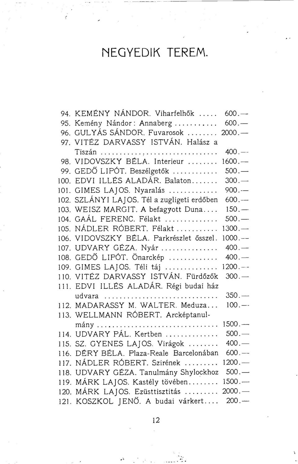 A befagyott Duna... 150. 104. GAÁL FERENC. Félakt 500. 105. NÁDLER RÓBERT. Félakt 1300. 106. VIDOVSZKY BÉLA. Parkrészlet ősszel. 1000. 107. UDVARY GÉZA. Nyár 400. 108. GEDŐ LIPÓT. Önarckép 400. 109.