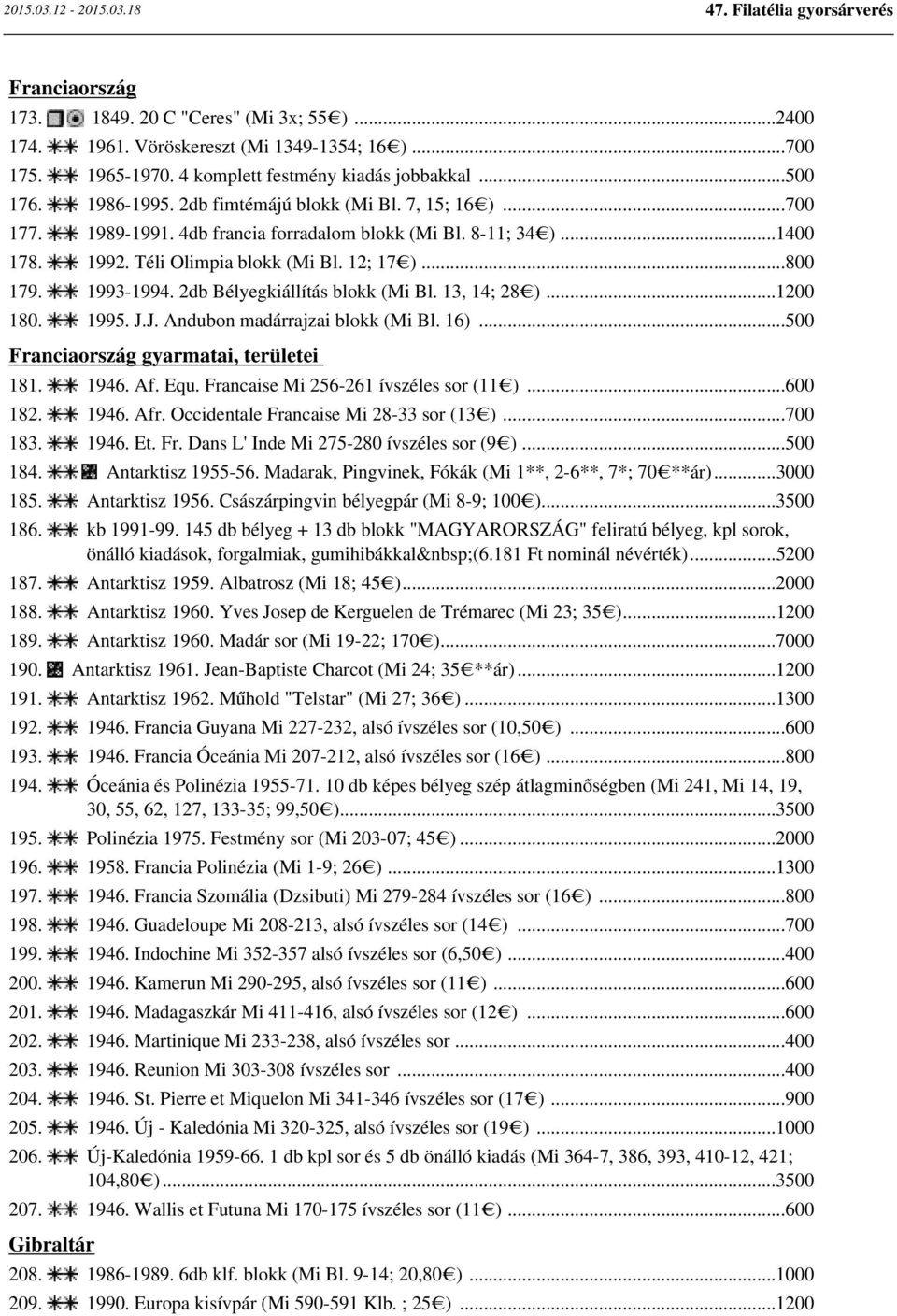 2db Bélyegkiállítás blokk (Mi Bl. 13, 14; 28 )...1200 180. 1995. J.J. Andubon madárrajzai blokk (Mi Bl. 16)...500 Franciaország gyarmatai, területei 181. 1946. Af. Equ.