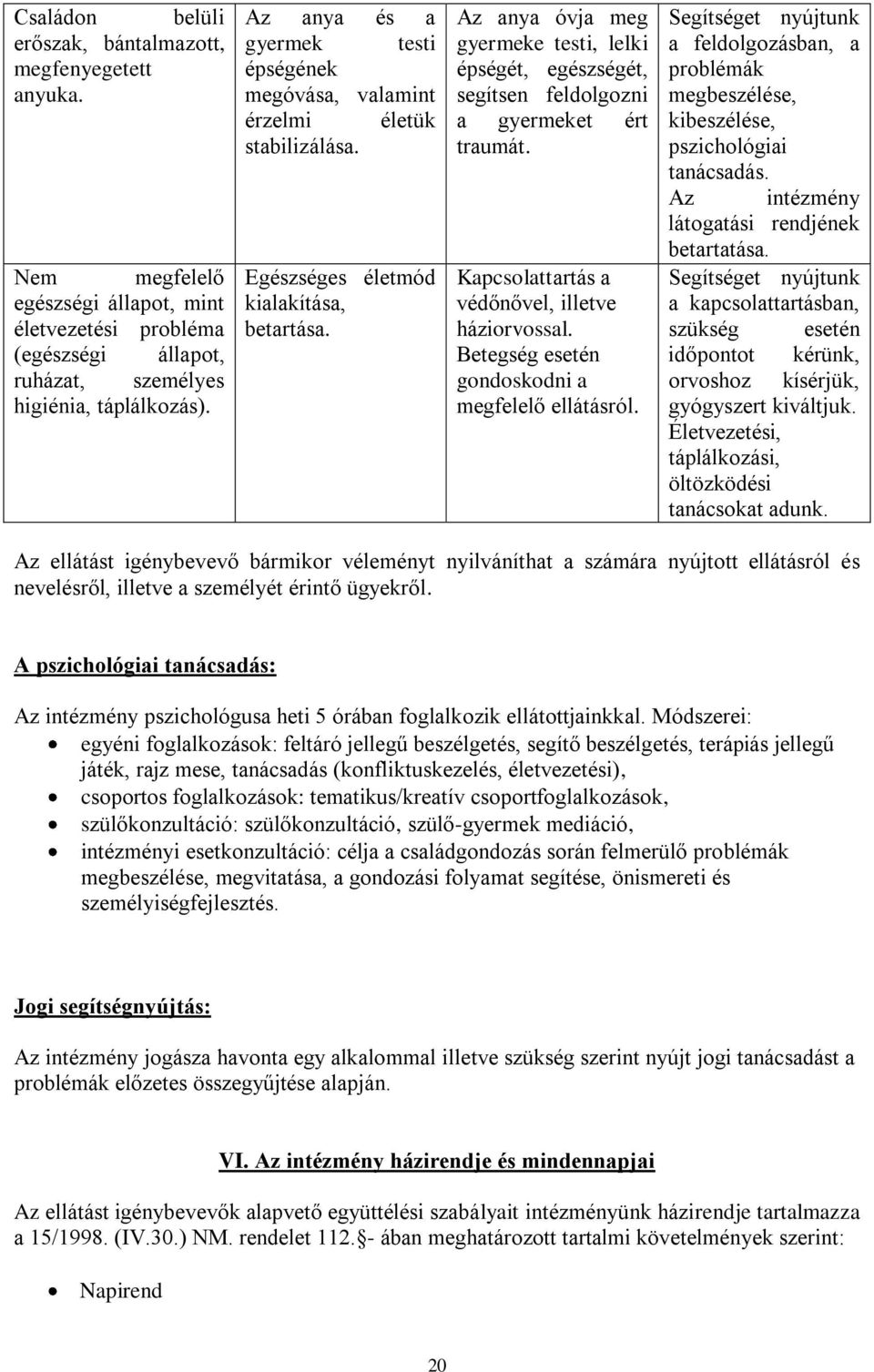 Az anya óvja meg gyermeke testi, lelki épségét, egészségét, segítsen feldolgozni a gyermeket ért traumát. Kapcsolattartás a védőnővel, illetve háziorvossal.